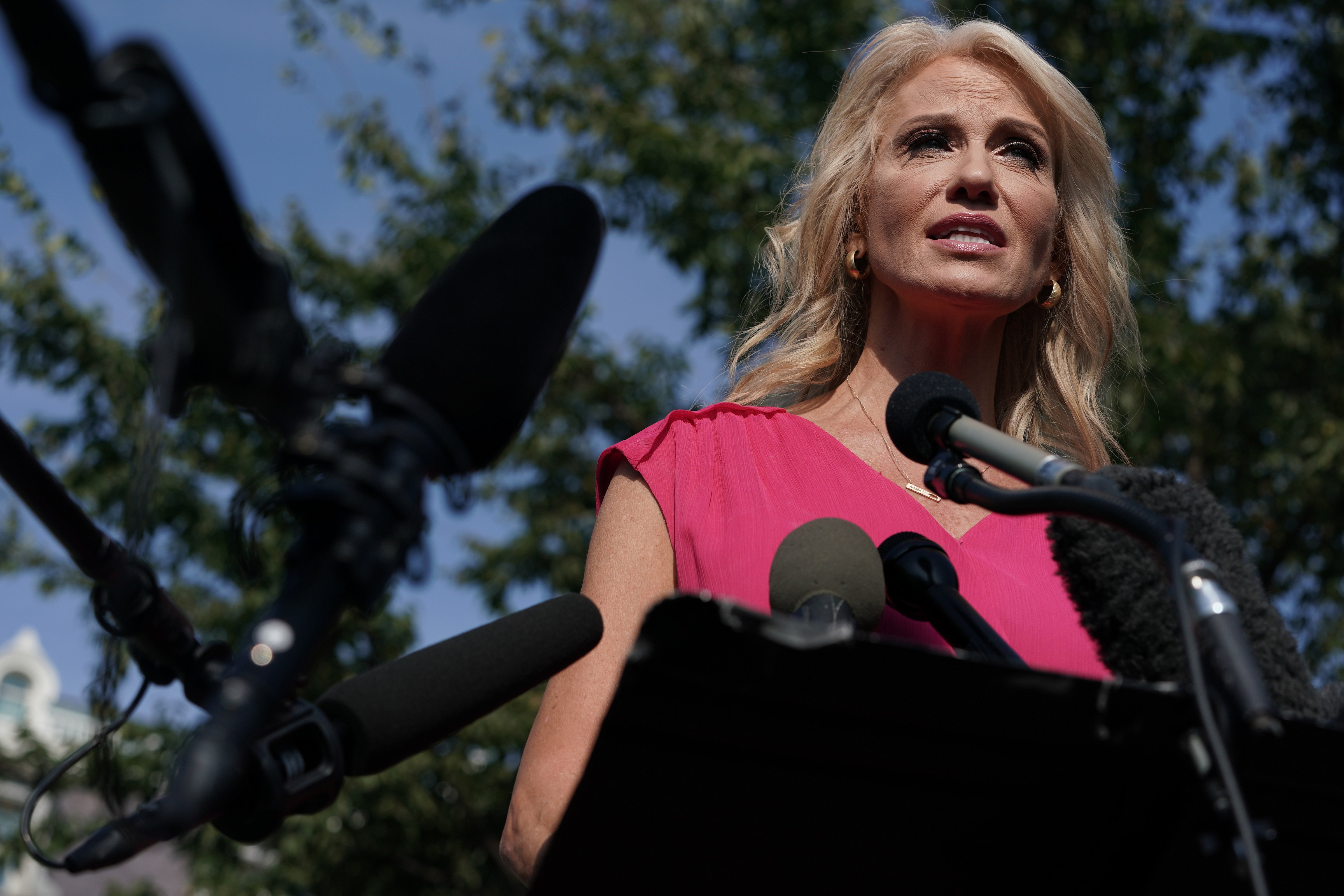 Kellyanne Conway speaks to members of the media outside the West Wing of the White House September 12, 2019 in Washington, D.C. (Alex Wong—Getty Images)