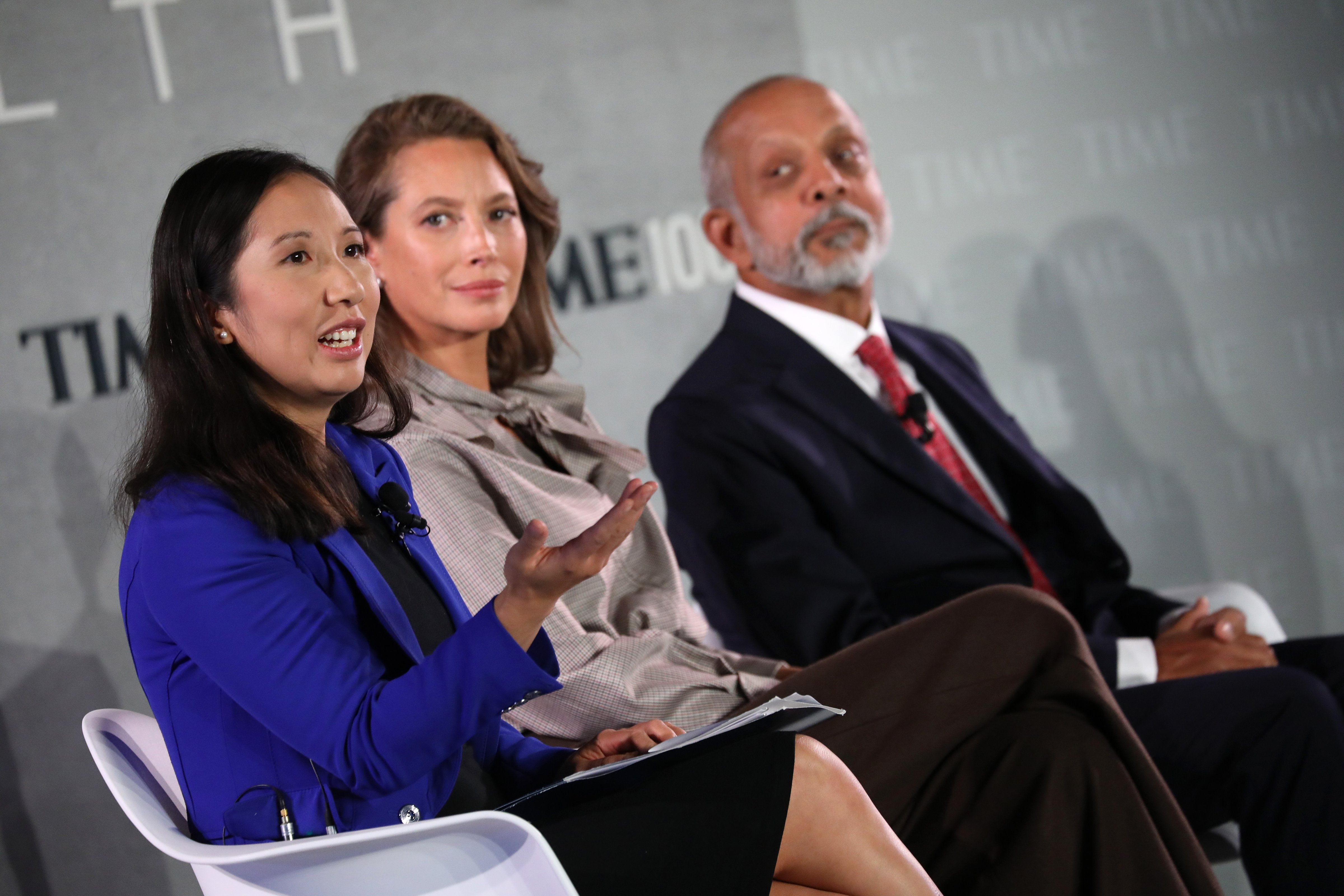 Dr. Leana Wen (left), Christy Turlington Burns (center) and Dr. Naveen Rao speak onstage during the TIME 100 Health Summit on Oct. 17, 2019 in New York City. (Brian Ach—Getty Images for TIME 100 Health)