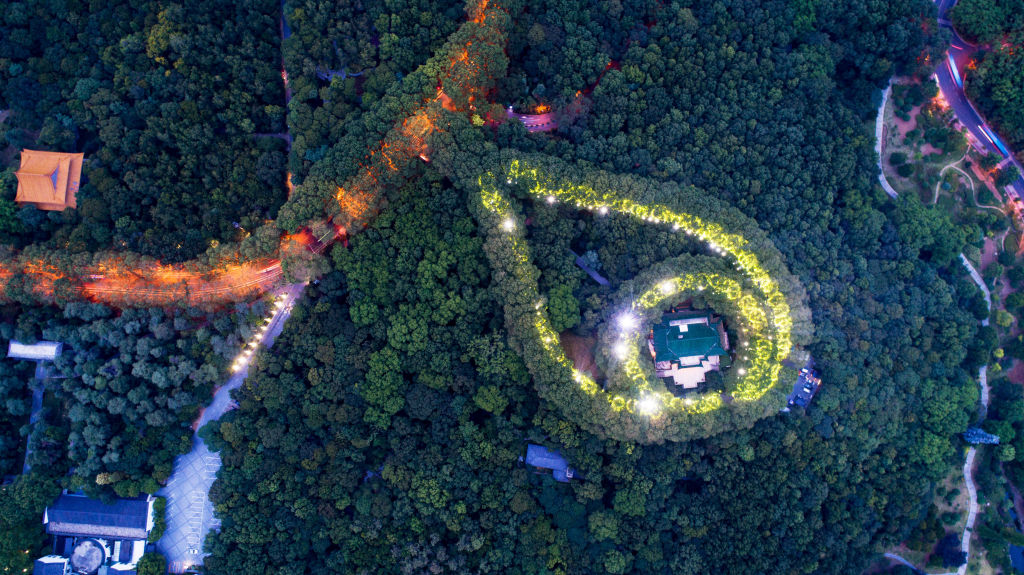 Aerial view of a light show in progress at May-ling palace during Qixi Festival at the Purple Mountain on August 7, 2019 in Nanjing, Jiangsu Province of China. (Su Yang/VCG—Visual China Group via Getty Ima)