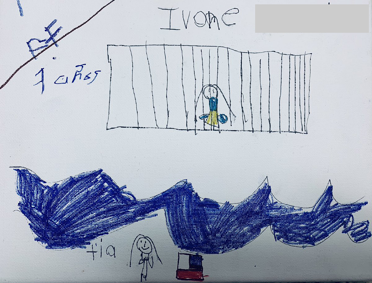 Ivone, 7, draws herself in a cage while her tía watches across the Rio Grande river next to an American flag. (Courtesy of Belinda Arriaga)