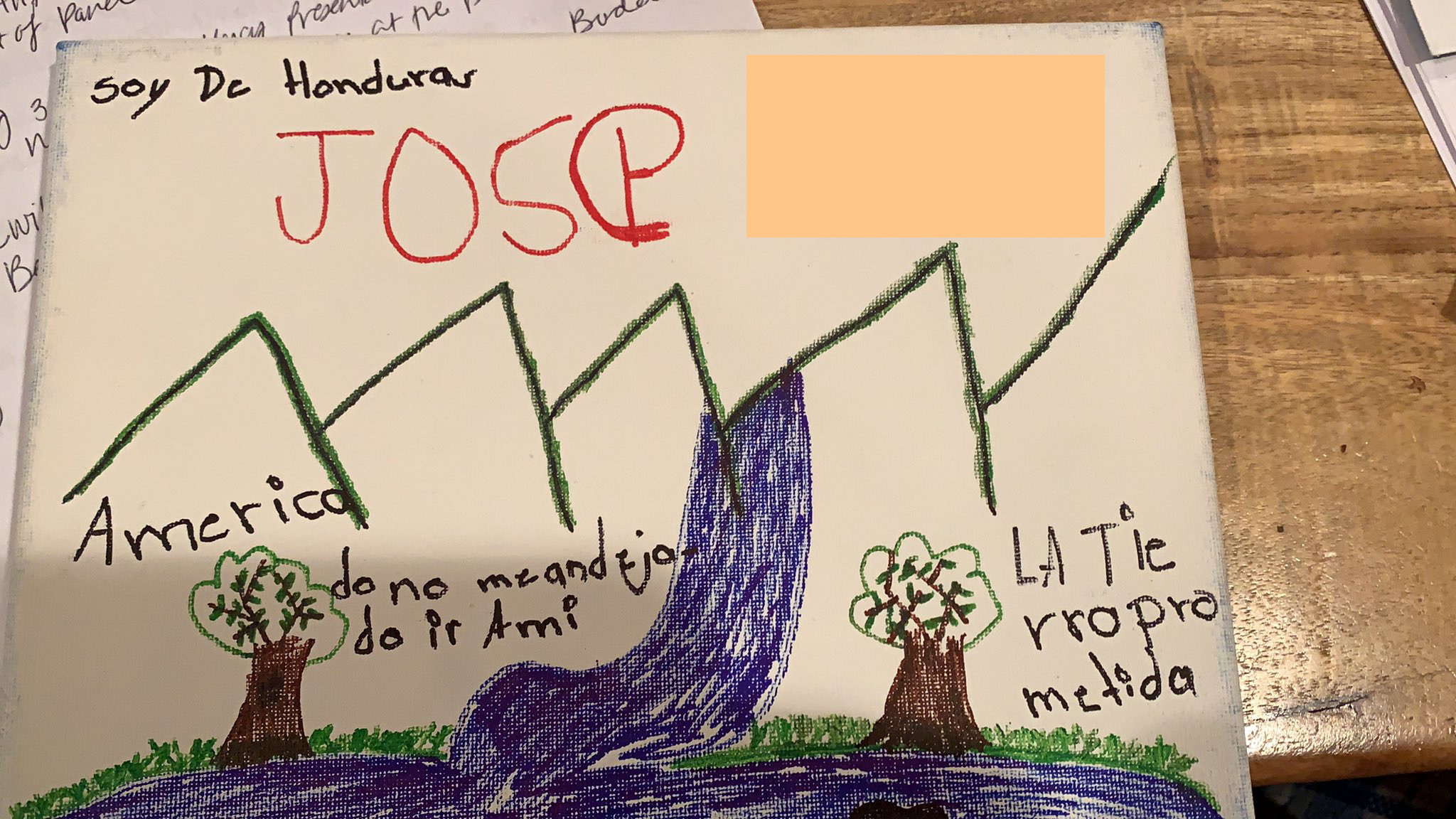Jose, 11, draws the United States and the Rio Grande River. He writes, "America, where they didn't let me in," and "The promised land." (Courtesy of Belinda Arriaga)