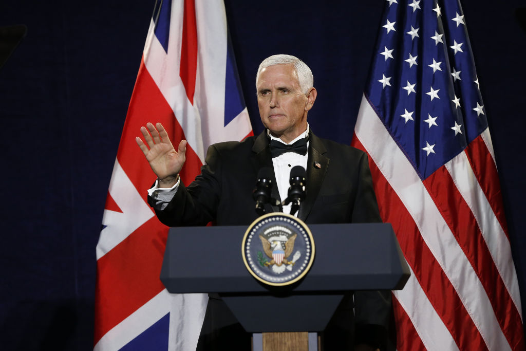 U.S. Vice President Mike Pence gestures while speaking during the International Trade Dinner at the Guildhall in London, U.K., on Thursday, Sept. 5, 2019. (Hollie Adams&mdash;Bloomberg via Getty Images)