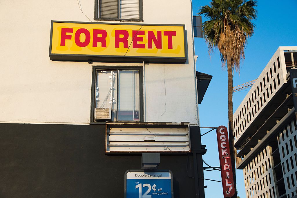 A "For Rent" sign is seen on a building Hollywood, California, May 11, 2016. Angelinos are feeling the increasing burden of rising rents and threats of eviction as forecast indicate rent prices will continue to rise through 2018. (Robyn Beck—AFP/Getty Images)