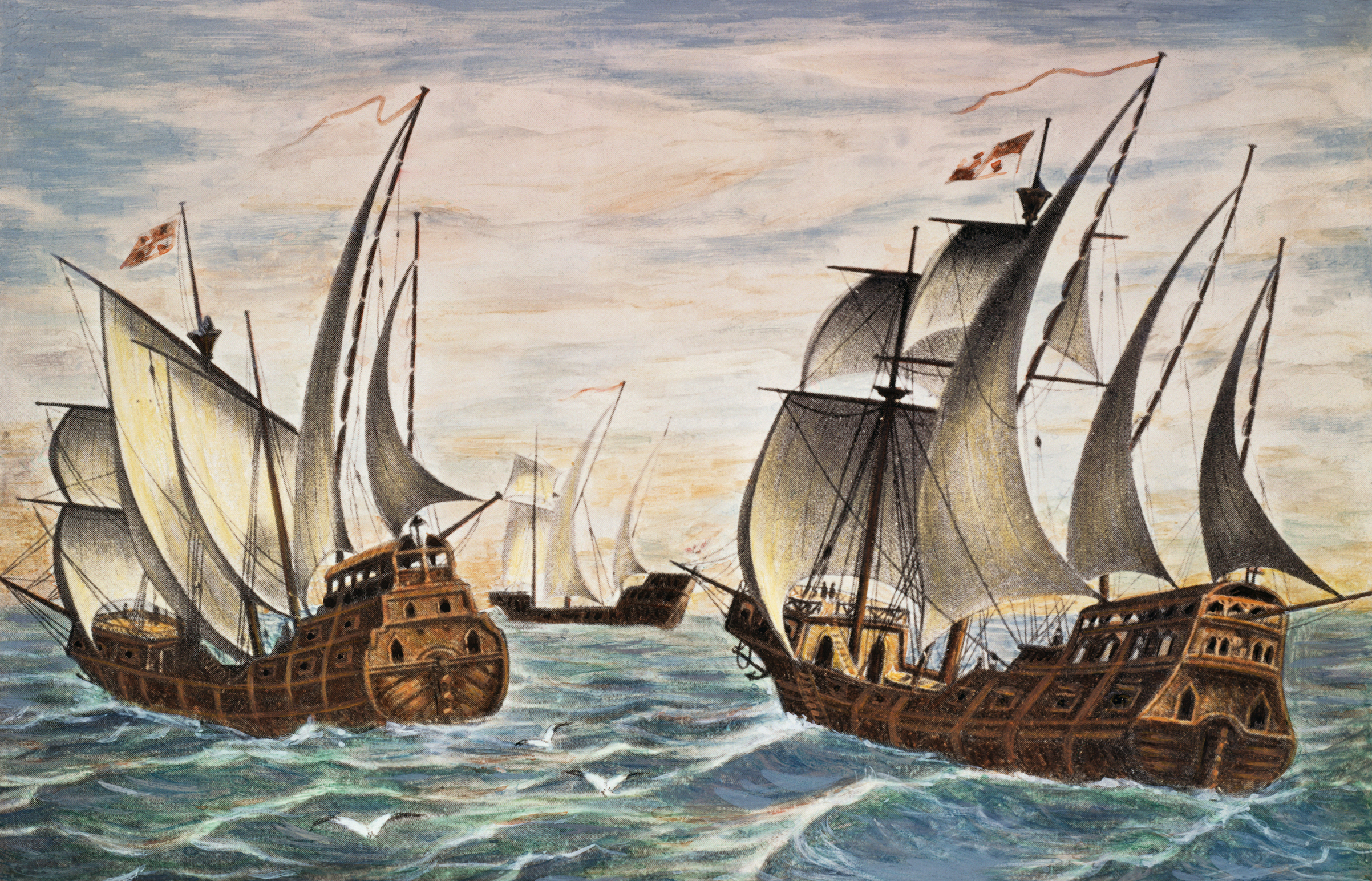 Illustration of the Nina, Pinta and Santa Maria, the fleet of Christopher Columbus. (Bettmann/Getty Images)