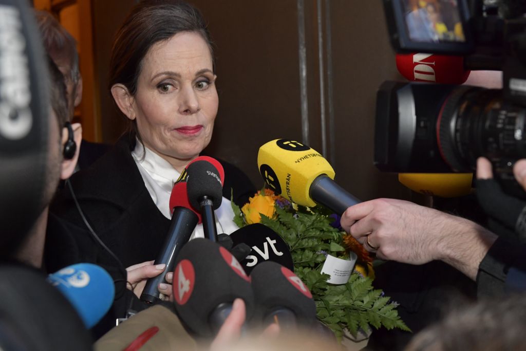 The Swedish Academy's Permanent Secretary Sara Danius talks to journalists as she leaves a meeting at the Swedish Academy in Stockholm, Sweden, on April 12, 2018. (JONAS EKSTROMER—AFP/Getty Images)