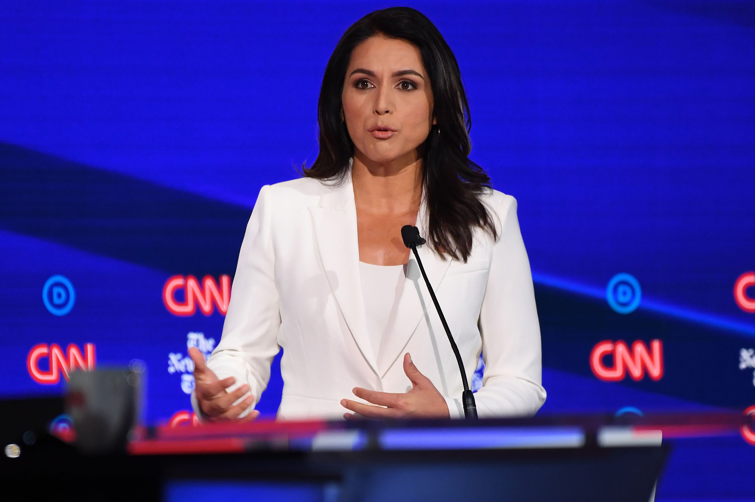 Representative for Hawaii Tulsi Gabbard speaks onstage during the fourth Democratic primary debate of the 2020 presidential campaign season in Westerville, Ohio on October 15, 2019. (Saul Loeb—AFP via Getty Images)