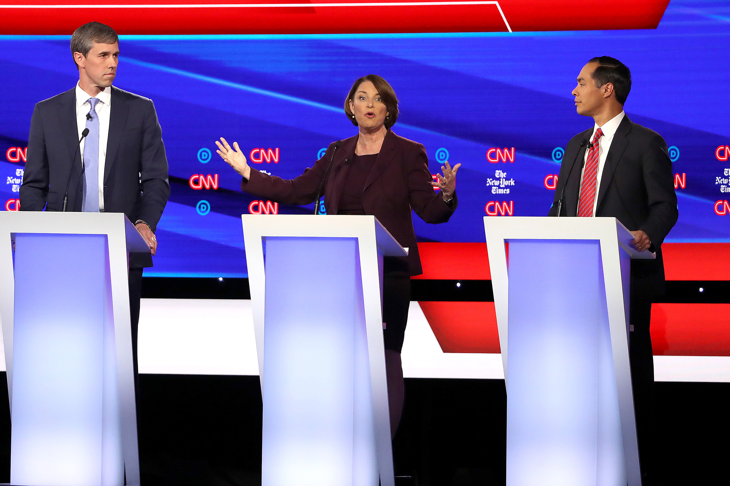 (L-R) Former Texas congressman Beto O'Rourke, Sen. Amy Klobuchar (D-MN) and former housing secretary Julian Castro participate in the Democratic Presidential Debate at Otterbein University on Oct. 15, 2019 in Westerville, Ohio. (Win McNamee—Getty Images)