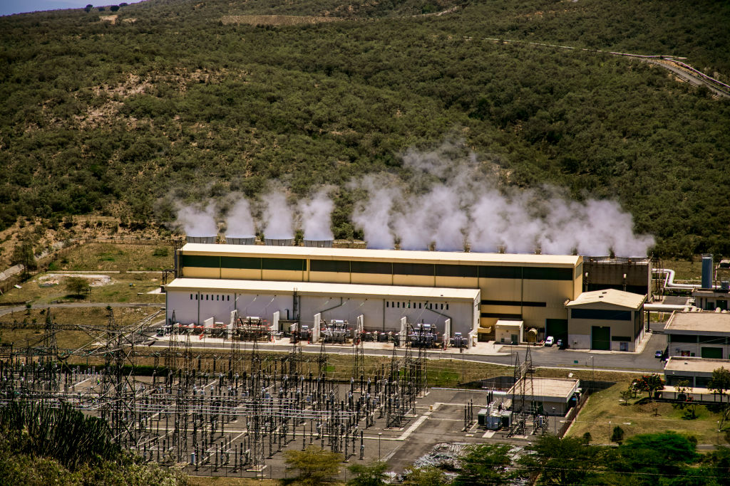 The Kenya General Energy Olkaria geothermal power station II in Hell's Gate National Park, Kenya. (Michael Gottschalk/Photothek—Getty Images)