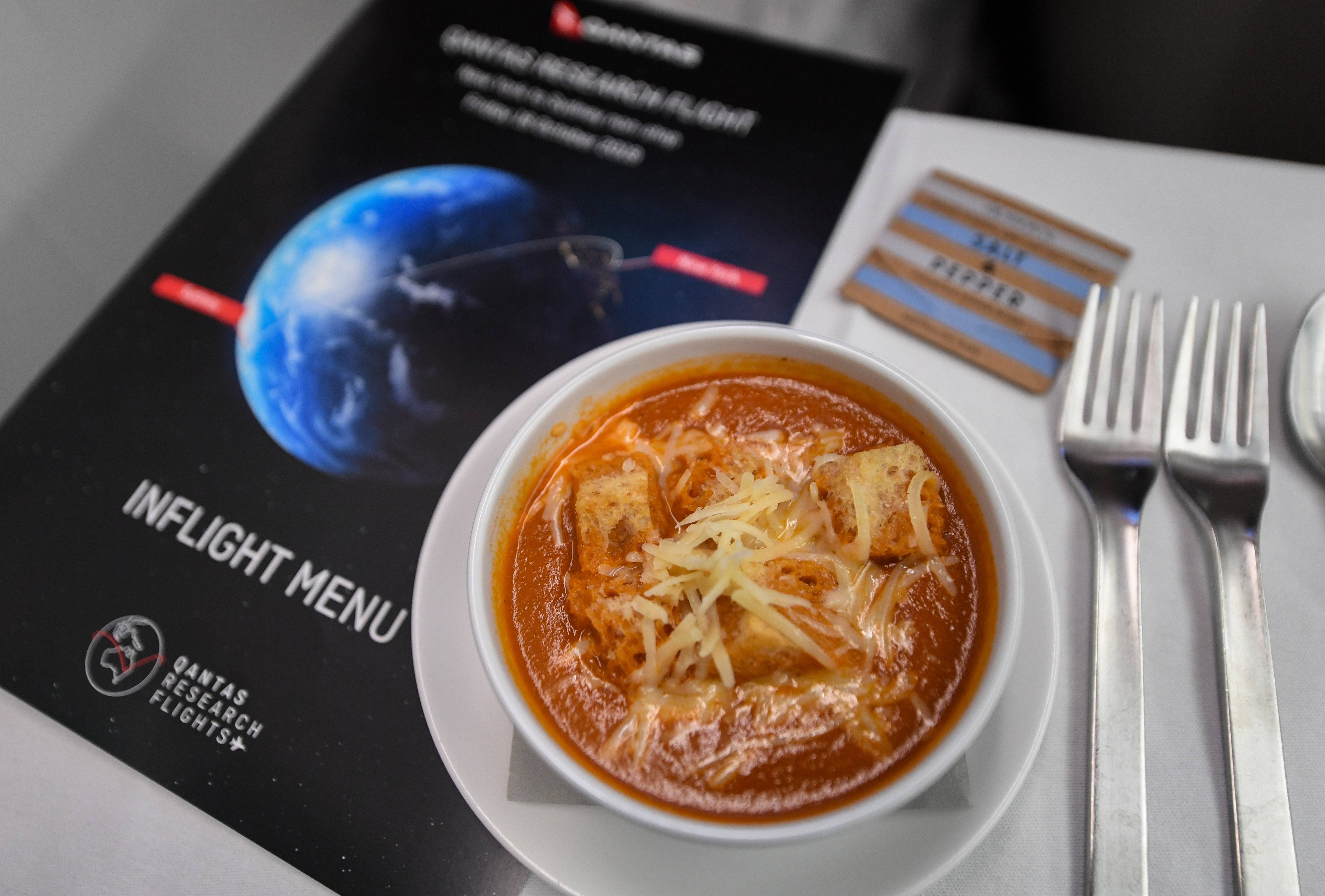 Food being served onboard QF7879 on Oct. 19, 2019 in Sydney, Australia. (James D. Morgan—Getty Images)