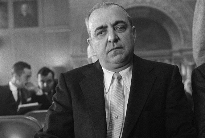Russell Bufalino appears before the legislative watch dog committee during hearings in the Capitol on the Apalachin, New York, crime congress. In his January 9th appearance Bufalino used the Fifth Amendment to avoid questions on the meetings. (Bettmann Archive/Getty Images)