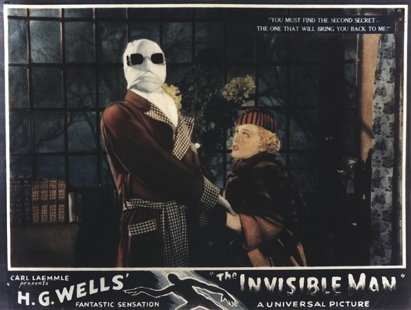 The Invisible Man, lobbycard, from left: Claude Rains, Gloria Stuart, 1933.