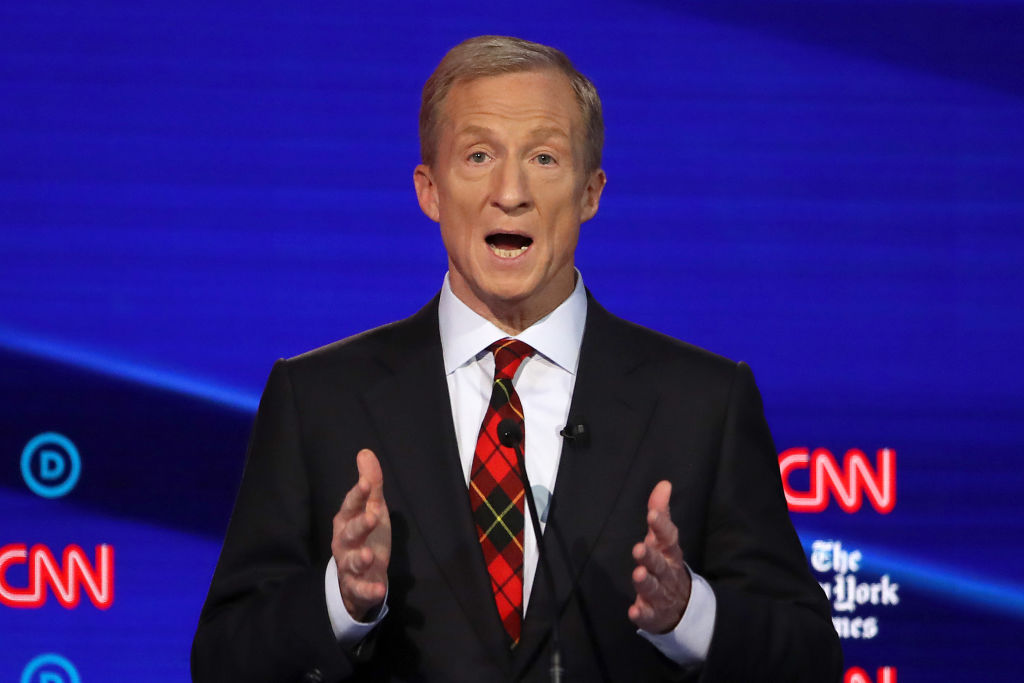 Billionaire Tom Steyer speaks during the Democratic Presidential Debate at Otterbein University on Oct. 15, 2019 in Westerville, Ohio. (Win McNamee&mdash;Getty Images)