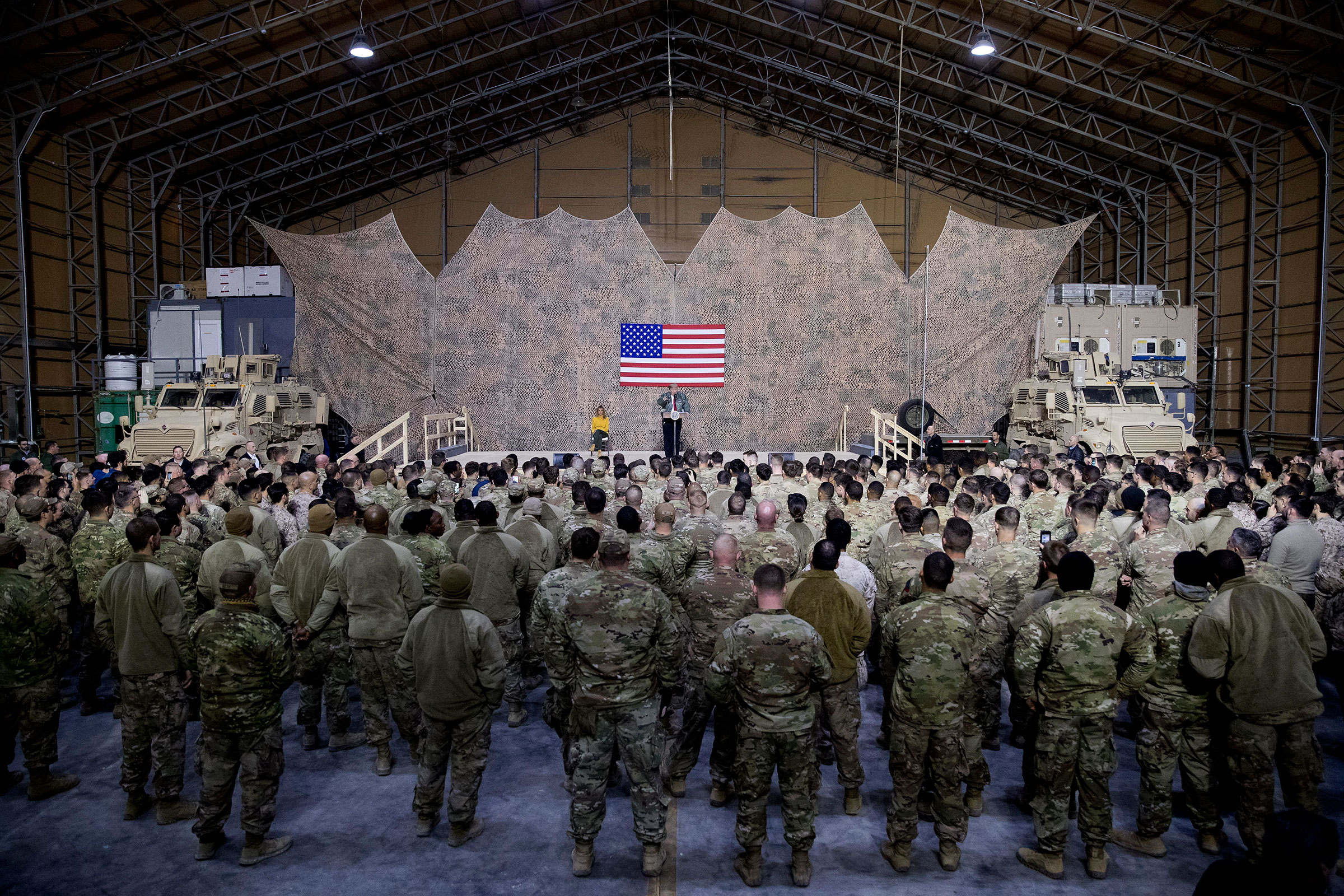 President Trump speaks at a rally in a hangar at Al Asad Air Base, Iraq, on Dec. 26, 2018