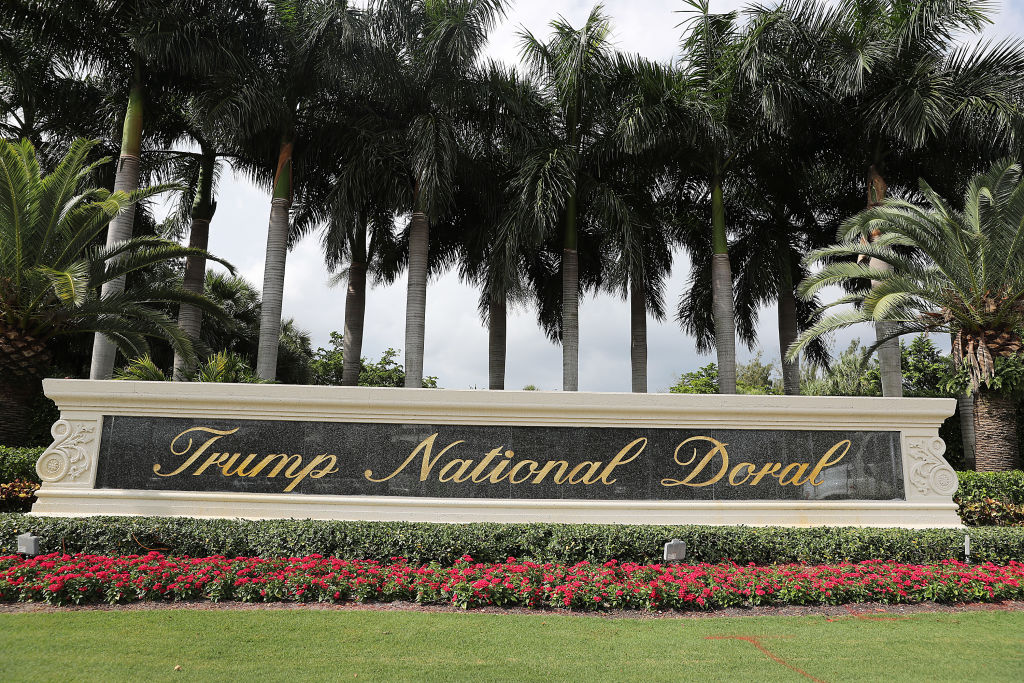 A sign is seen near the front entrance  to the Trump National Doral golf resort owned by U.S. President Donald Trump's company on October 17, 2019 in Doral, Florida. (Joe Raedle&mdash;Getty Images)