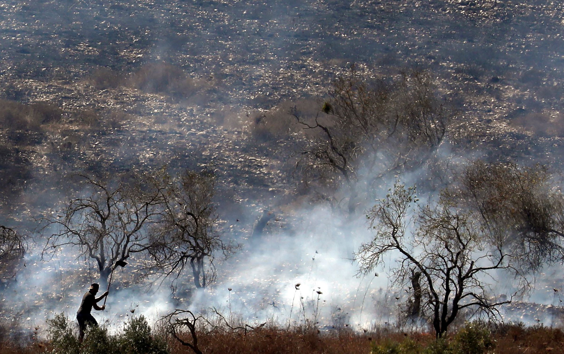 A Palestinian tries to extinguish a fire in an olive grove near the Palestinian village of Burin in the northern West Bank by the Israeli settlement of Yitzhar, on Oct. 16, 2019. (Jaafar Ashtiyeh—AFP via Getty Images)