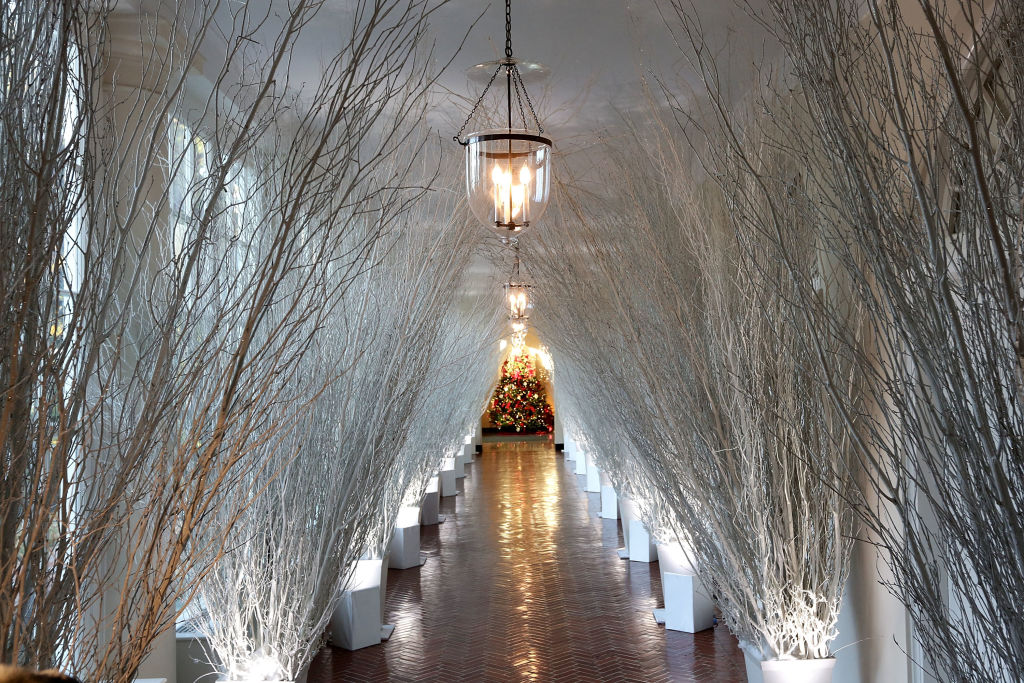 Christmas decorations in a hallway of the East Wing of the White House during a press preview of the 2017 holiday decorations November 27, 2017 in Washington, DC. (Alex Wong—Getty Images)
