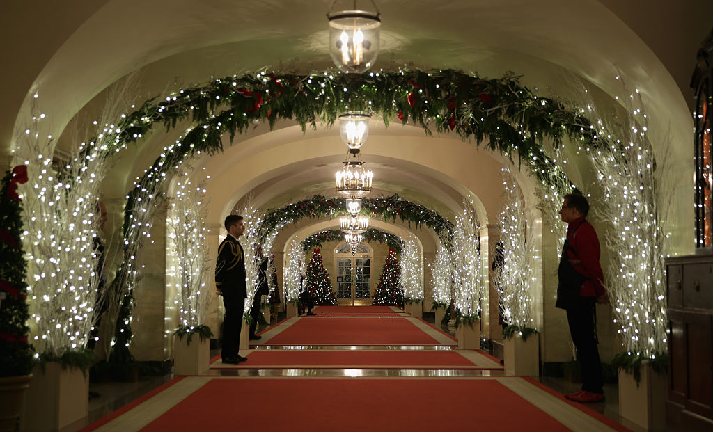 Holiday decorations are seen at a hallway of the White House December 3, 2014 in Washington, DC for the theme "A Children's Winter Wonderland." (Photo by Alex Wong/Getty Images) (Alex Wong&amp;Getty Images)