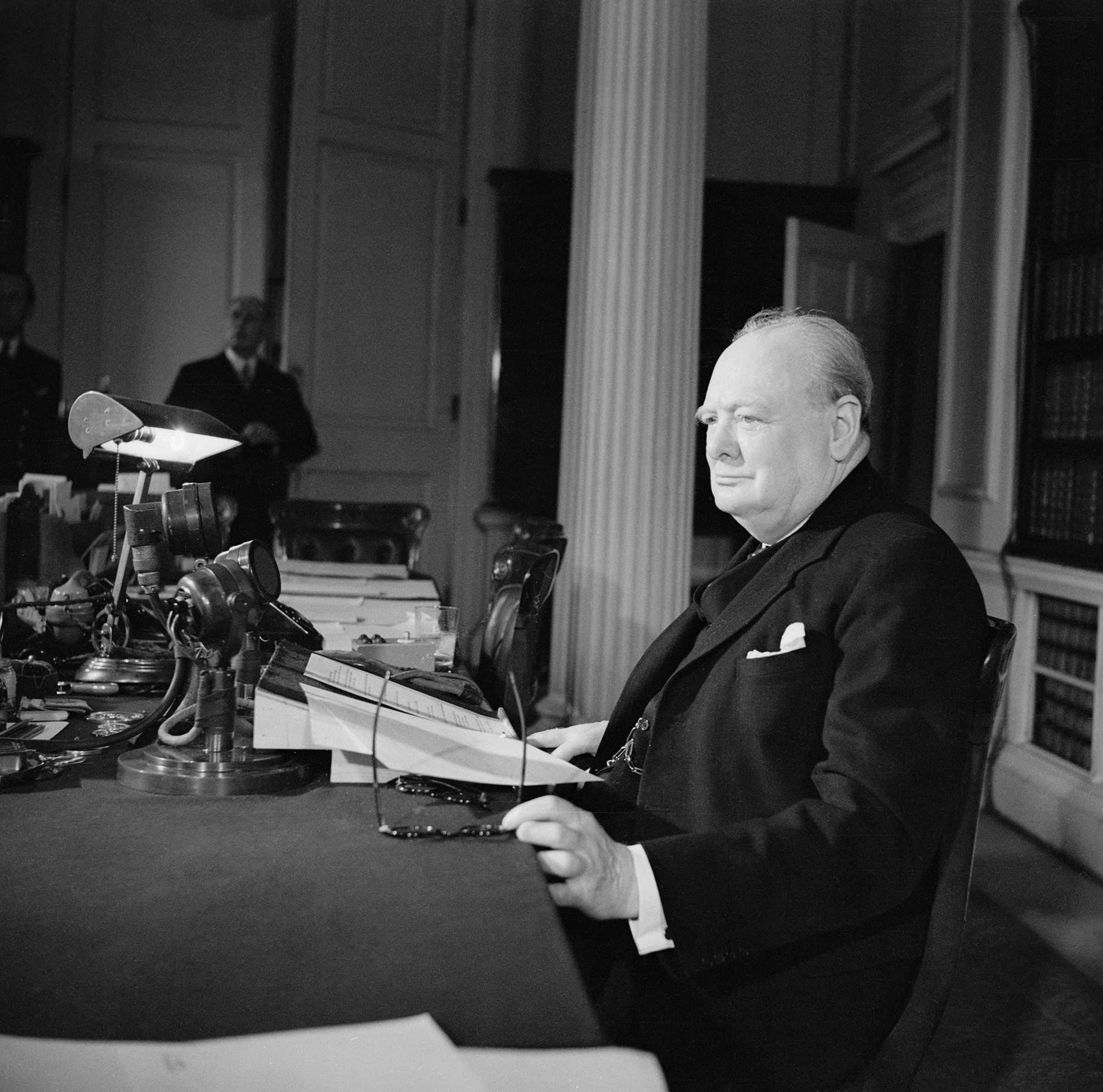 Churchill makes the victory broadcast on BBC radio, May 8, 1945. (Imperial War Museums/IWM/Getty Images)
