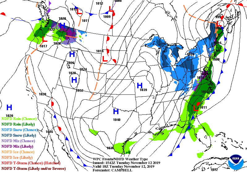 These graphics combine WPC forecasts of fronts, isobars and high/low pressure centers with the National Digital Forecast Database (NDFD) depiction of expected weather type. (NOAA—National Weather Service)