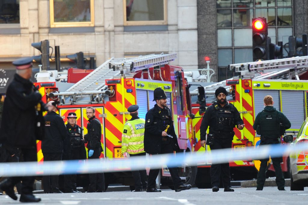 Police and emergency vechiles gather near London Bridge in London, on November 29, 2019 after reports of shots being fired on London Bridge. (AFP via Getty Images)