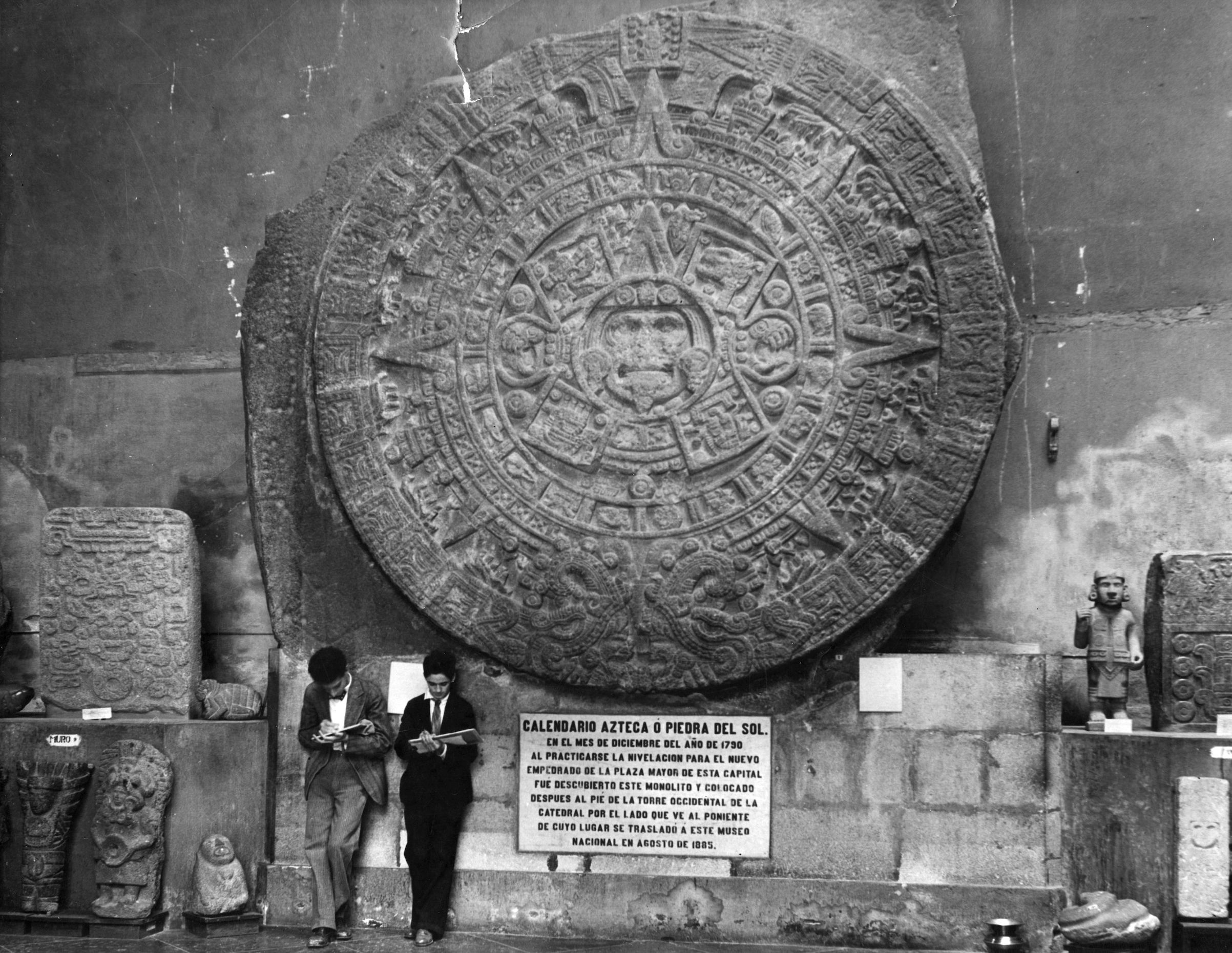 A stone Aztec calendar of the sun, on display at a museum circa 1930 (Ewing Galloway—Getty Images)
