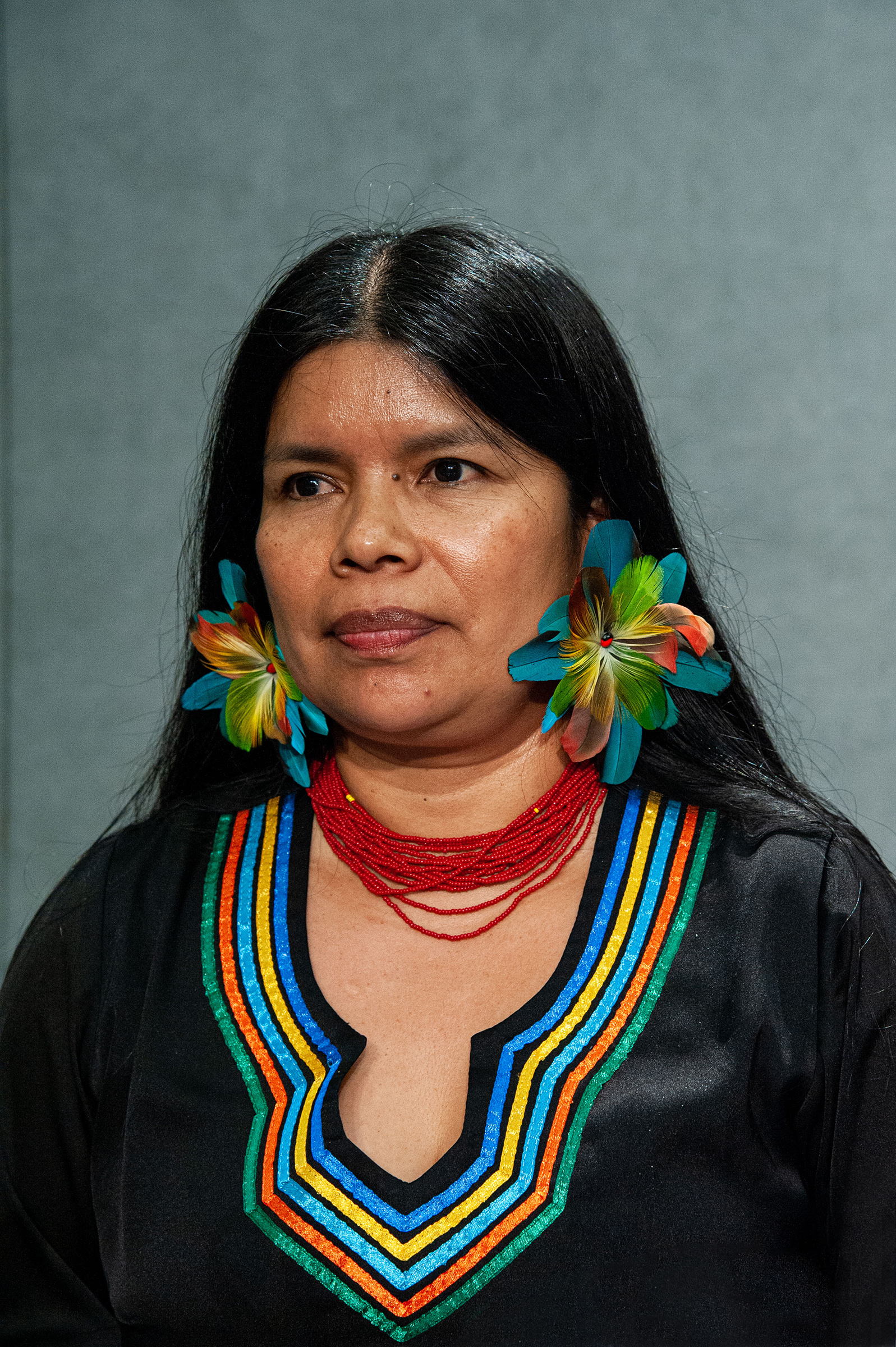 Patricia Gualinga, Indigenous Leader in the Defense of Human Rights of the Kichwa Communities of Sarayaku (Ecuador) speaks at the Press Office of the Holy See in the Vatican on Oct 17, 2019. (PA Images/Sipa USA)
