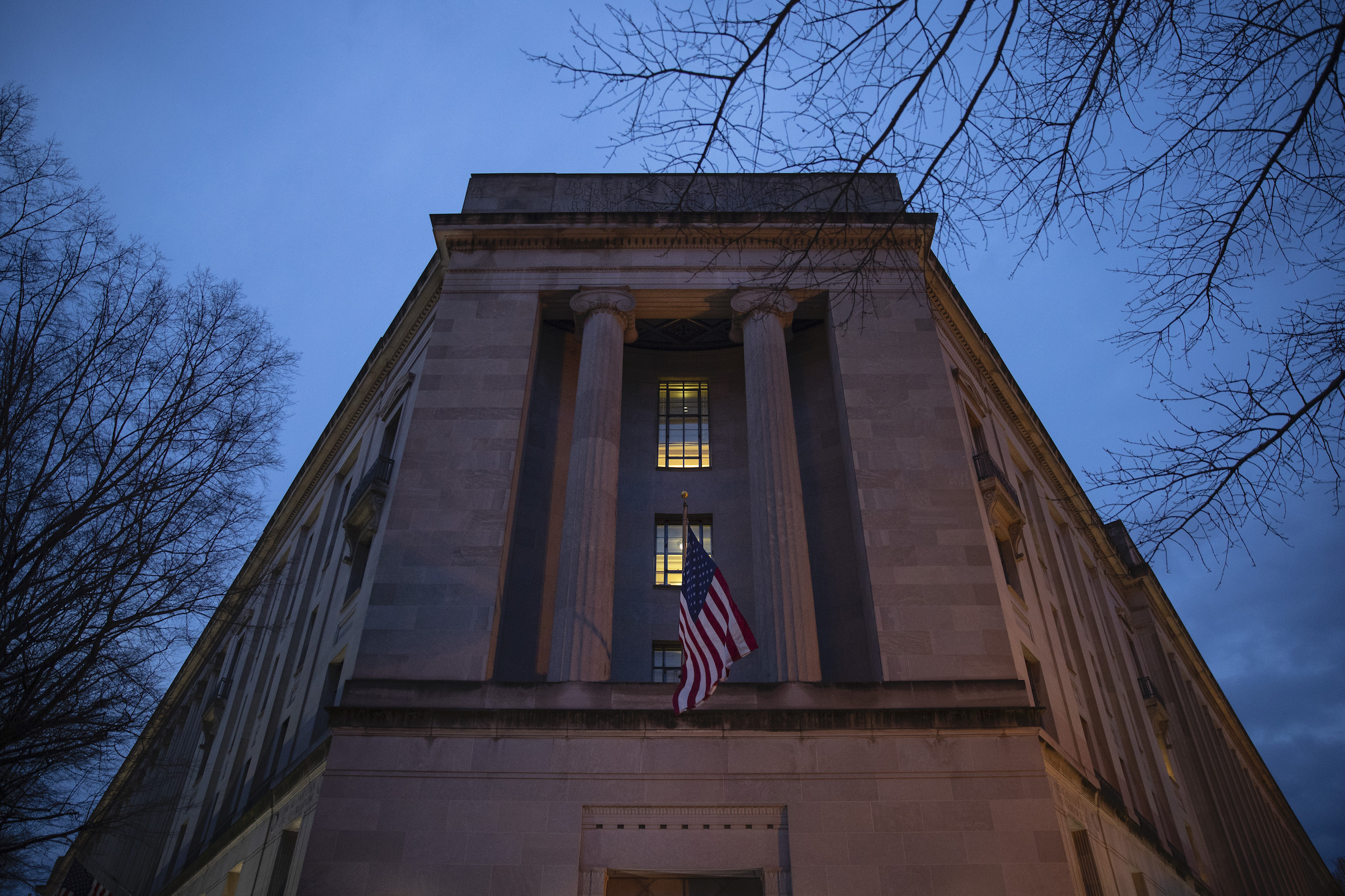 The Department of Justice stands in the early hours of Friday morning, March 22, 2019 in Washington, D.C. (Drew Angerer—Getty Images)