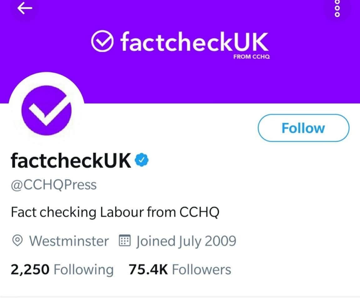 The @CCHQPress account, renamed "factcheckUK" during an election debate on Nov. 19, 2019 (Screenshot)