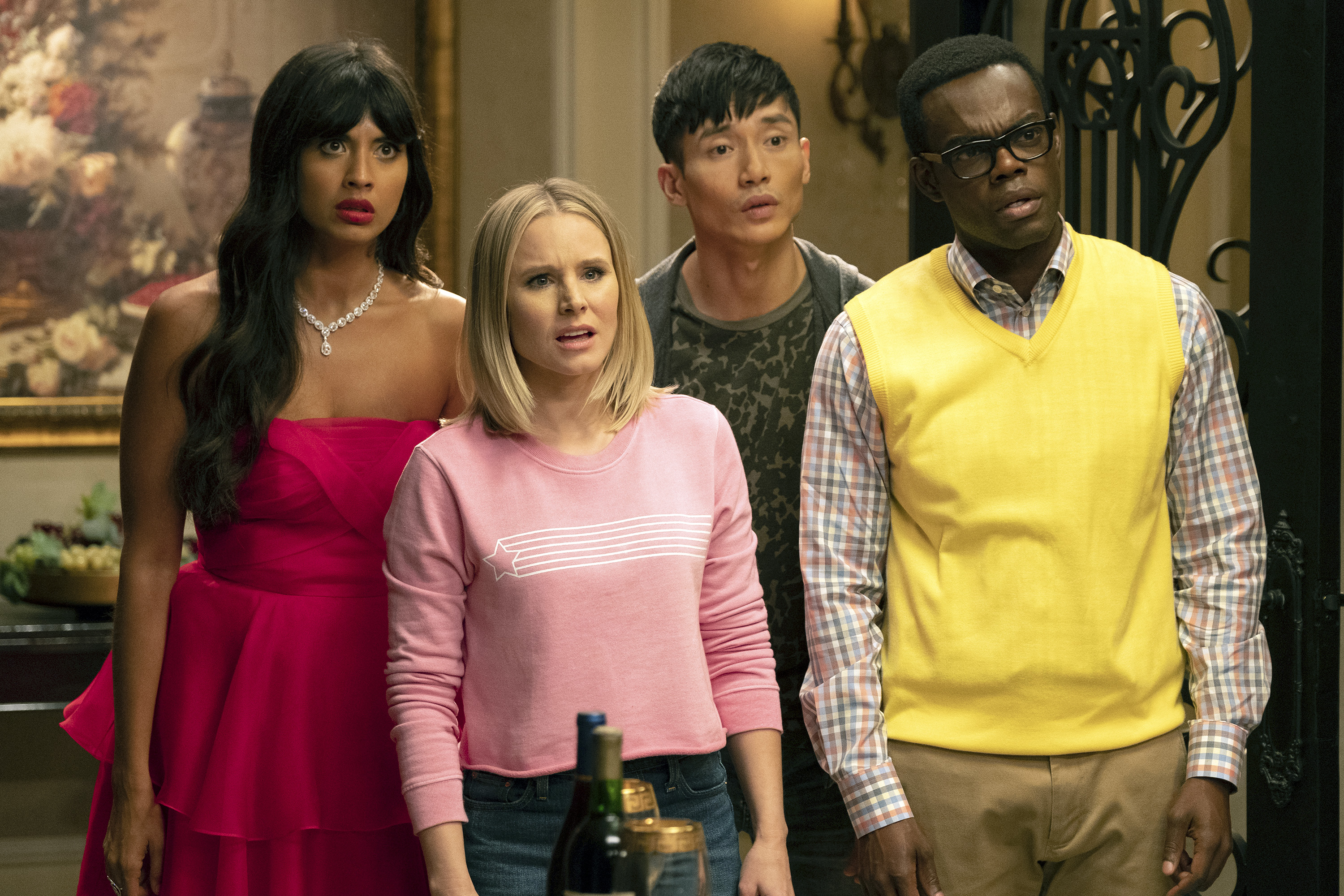 (L-R) Jameela Jamil as Tahani, Kristen Bell as Eleanor Shellstrop, Manny Jacinto as Jason Mendoza, and William Jackson Harper as Chidi on The Good Place. (Colleen Hayes—NBCUniversal via Getty Images)