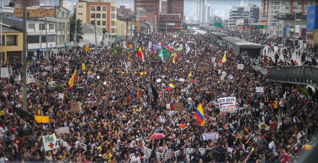 Thousands of protesters in the city of Bogota, Colombia, on 21 Nov. 2019. (Daniel Garzon Herazo—NurPhoto/Getty Images)