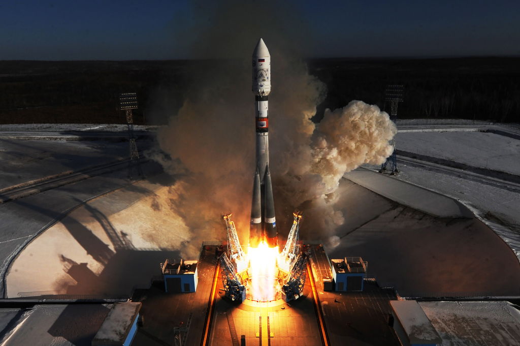 A Soyuz 2.1a rocket booster with a Frigate upper stage block launched from the Vostochny Cosmodrome in Russia's Amur region, February 1, 2018. (Donat Sorokin — Donat Sorokin/TASS)