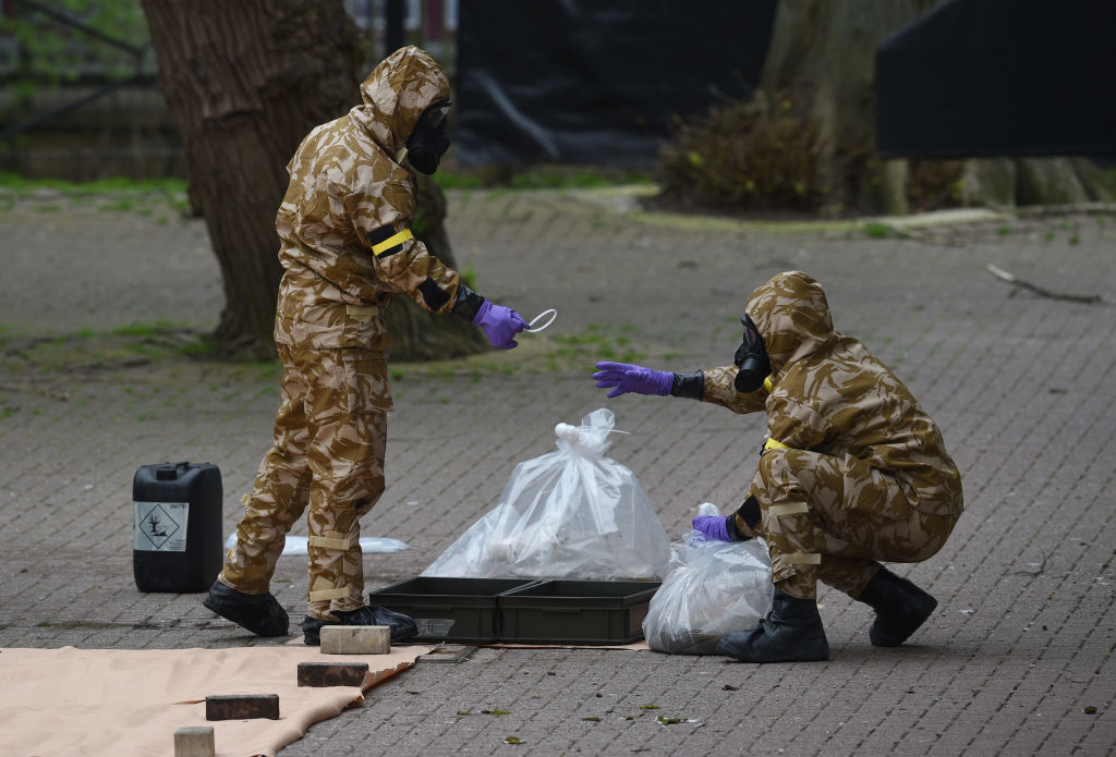 Military personnel at the site near the Maltings in Salisbury on April 24, 2018, where Russian double agent Sergei Skripal and his daughter Yulia were found on a park bench (Ben Birchall — PA Images via Getty Images)