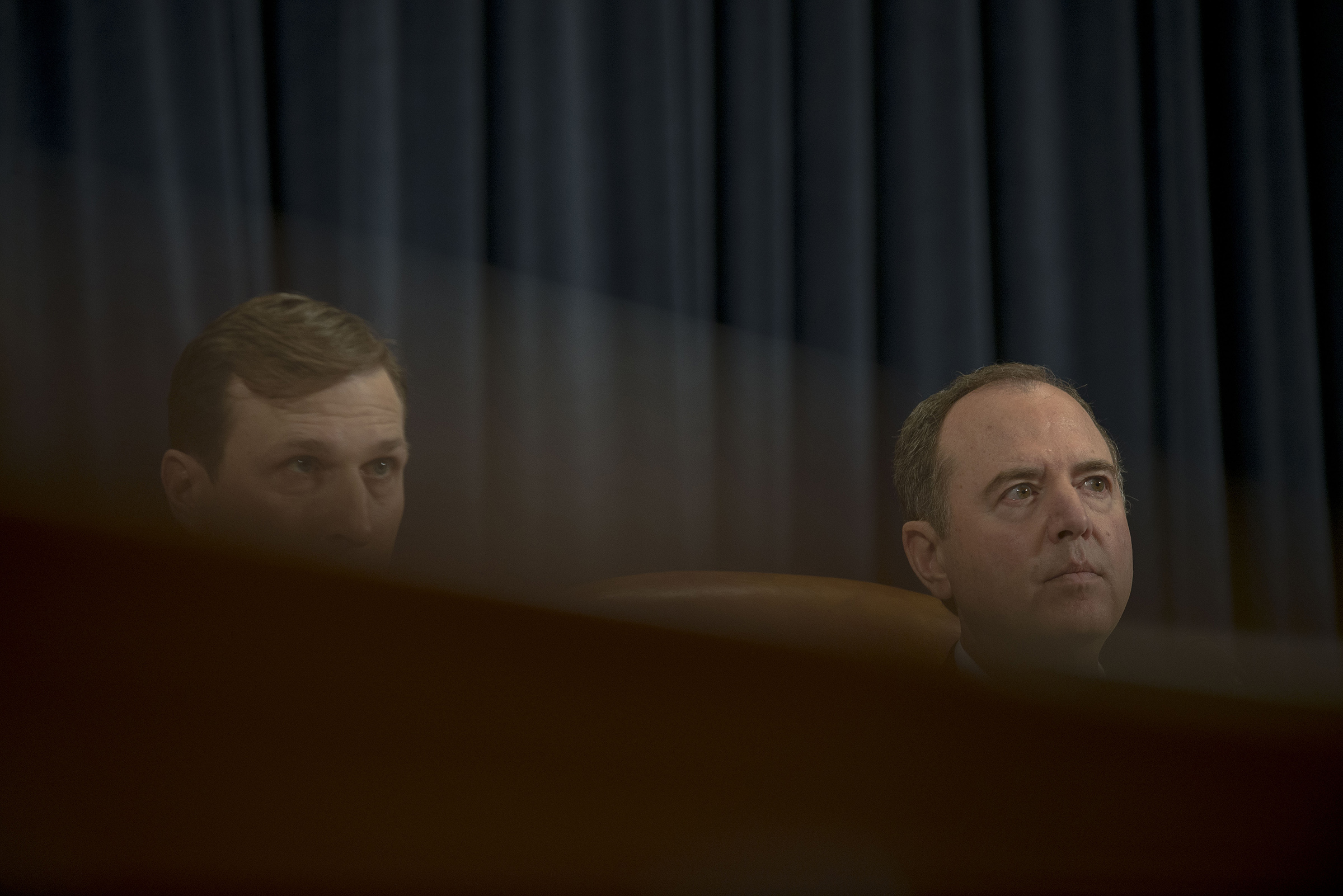 11/20/19, Capitol Hill, Washington, D.C. Chairman Adam Schiff (D-Calif.) and Democratic counsel Daniel Goldman listen to Ambassador Gordon Sondland testify during the House Intelligence Committee hearing on the impeachment inquiry at the Longworth House Office building on Capitol Hill in Washington, D.C. on Nov. 20, 2019.Gabriella Demczuk / TIME