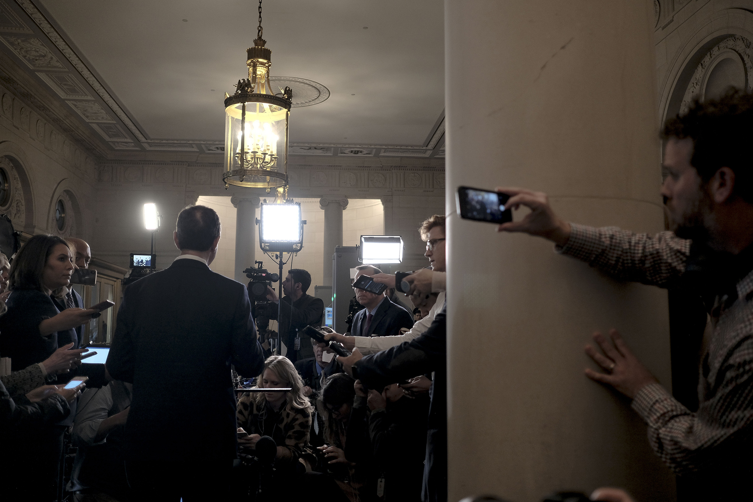 11/20/19, Capitol Hill, Washington, D.C. Chairman Adam Schiff (D-Calif.) speaks with the press during a break from the House Intelligence Committee hearing on the impeachment inquiry with Ambassador Gordon Sondland at the Longworth House Office building on Capitol Hill in Washington, D.C. on Nov. 20, 2019.Gabriella Demczuk / TIME