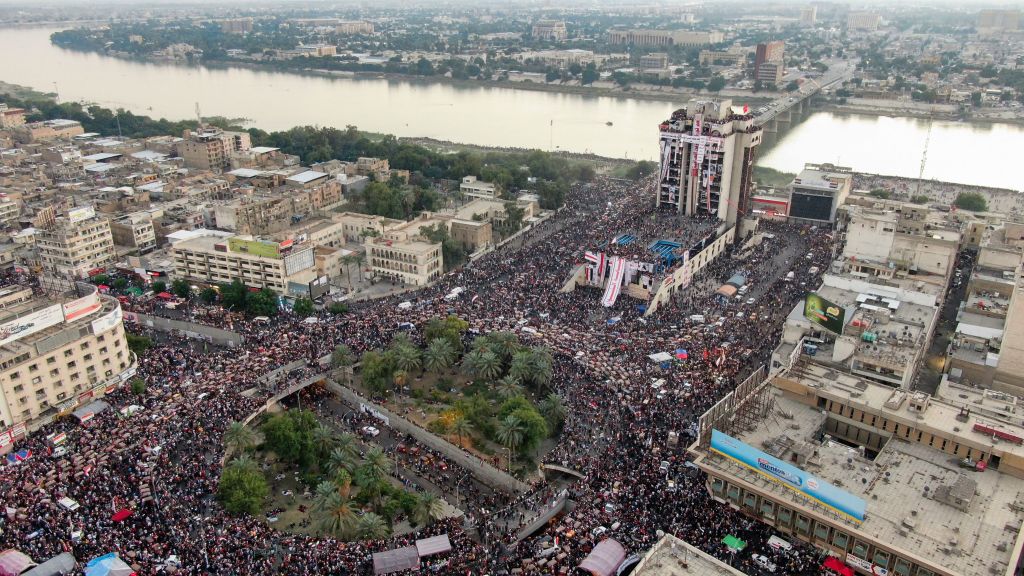 An aerial view shows Iraqi protesters gathering at Baghdad's Tahrir square on Nov. 2, 2019. (AFP—Getty Images)