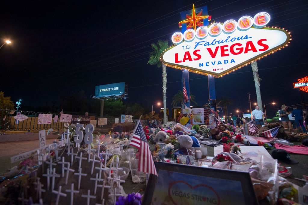 The area near The Fabulous Las Vegas Sign has become the memorial for the victims after the mass shooting in Las Vegas, Nevada, that initially took 58 lives, October 28, 2017. (Yichuan Cao—NurPhoto/Getty Images)