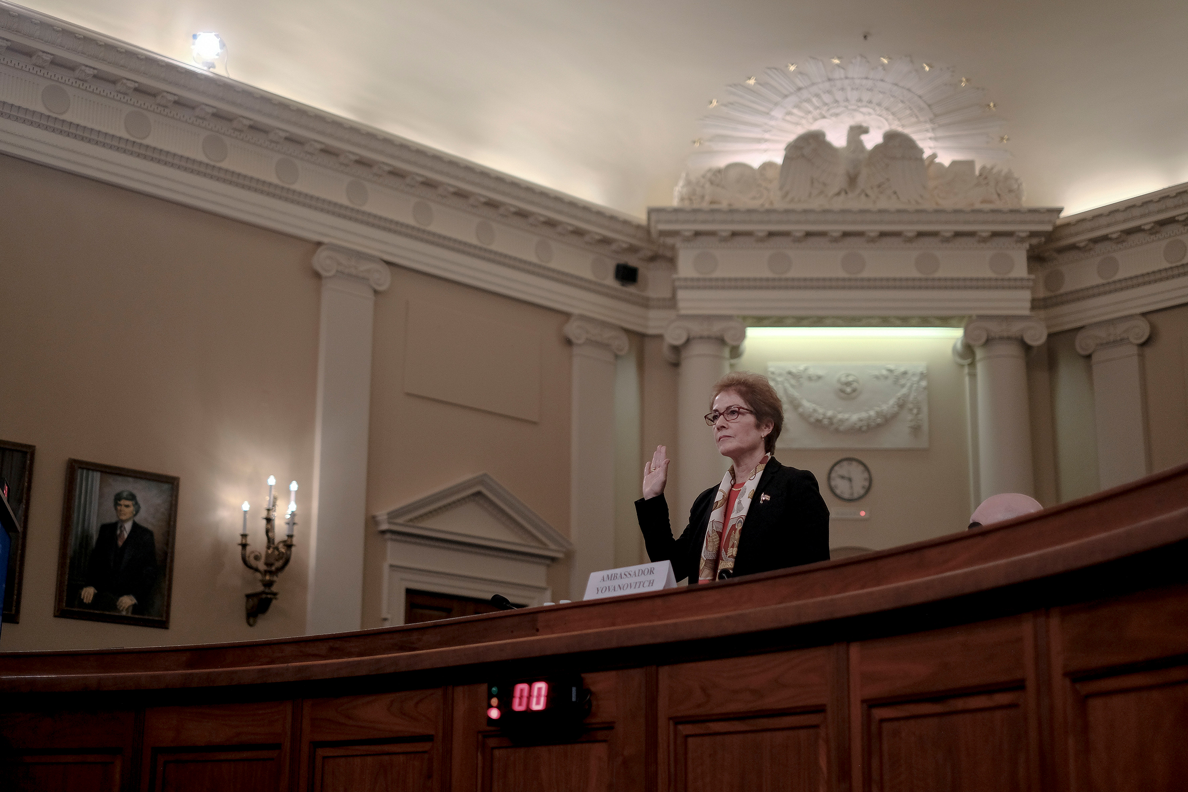 Marie Yovanovitch, the former ambassador to Ukraine, is sworn in during a House Intelligence Committee hearing on the impeachment inquiry in Washington, D.C., on Nov. 15, 2019. (Gabriella Demczuk for TIME)