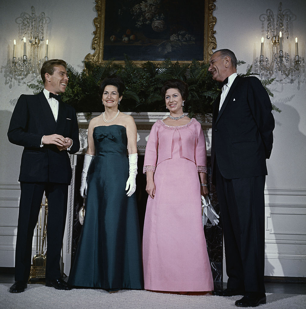 (Original Caption) President Lyndon Johnson (R), Princess Margaret, Mrs. Johnson, and Lord Snowdon pose for photographers in the Queen's room at the White House November 17th, prior to a dinner-dance in honor of the Princess and Lord Snowdon. (Bettmann Archive via Getty Images)