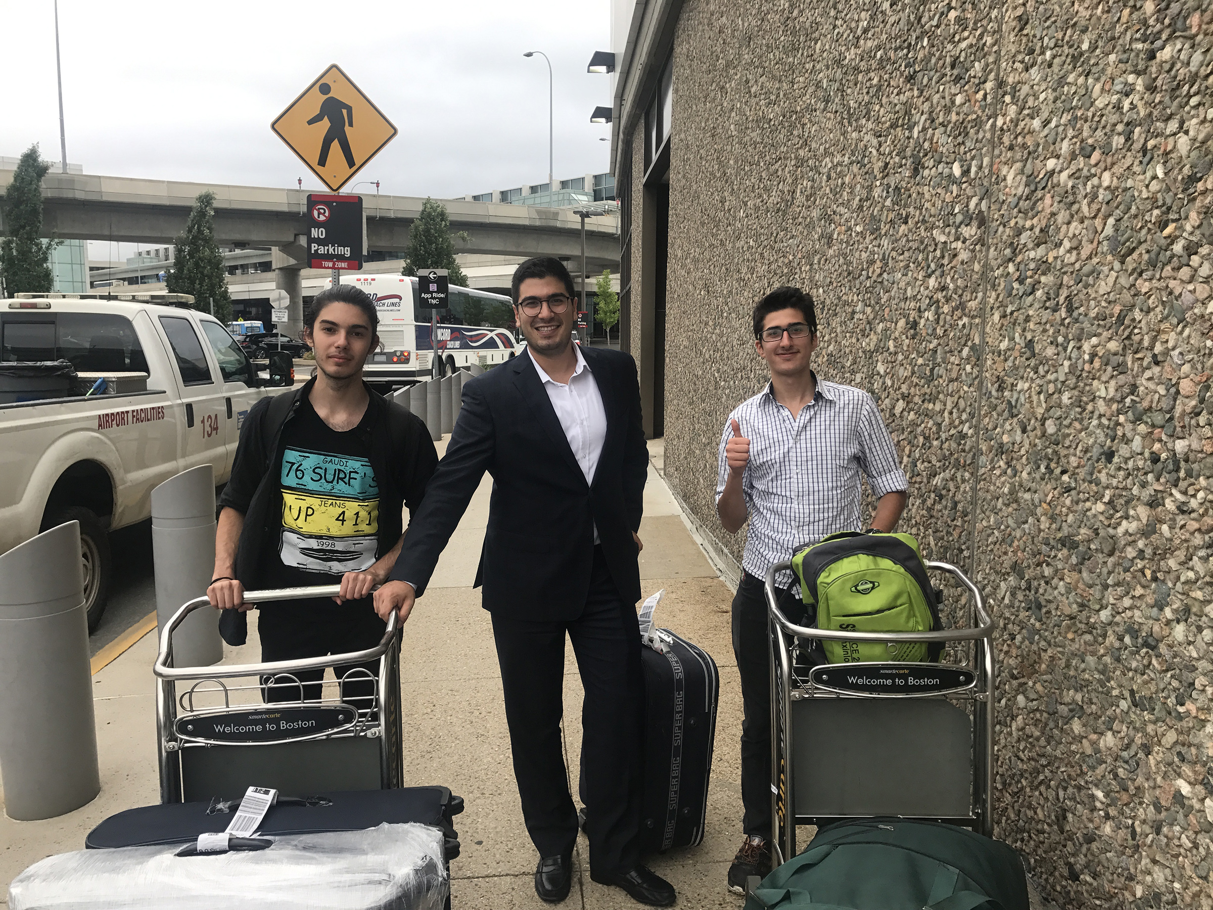 George Batah picking up Nabil Khalil from Aleppo and Hussam Salhab from Damascus at Logan Airport in Boston, on Aug. 18, 2017. (Courtesy of George Batah)