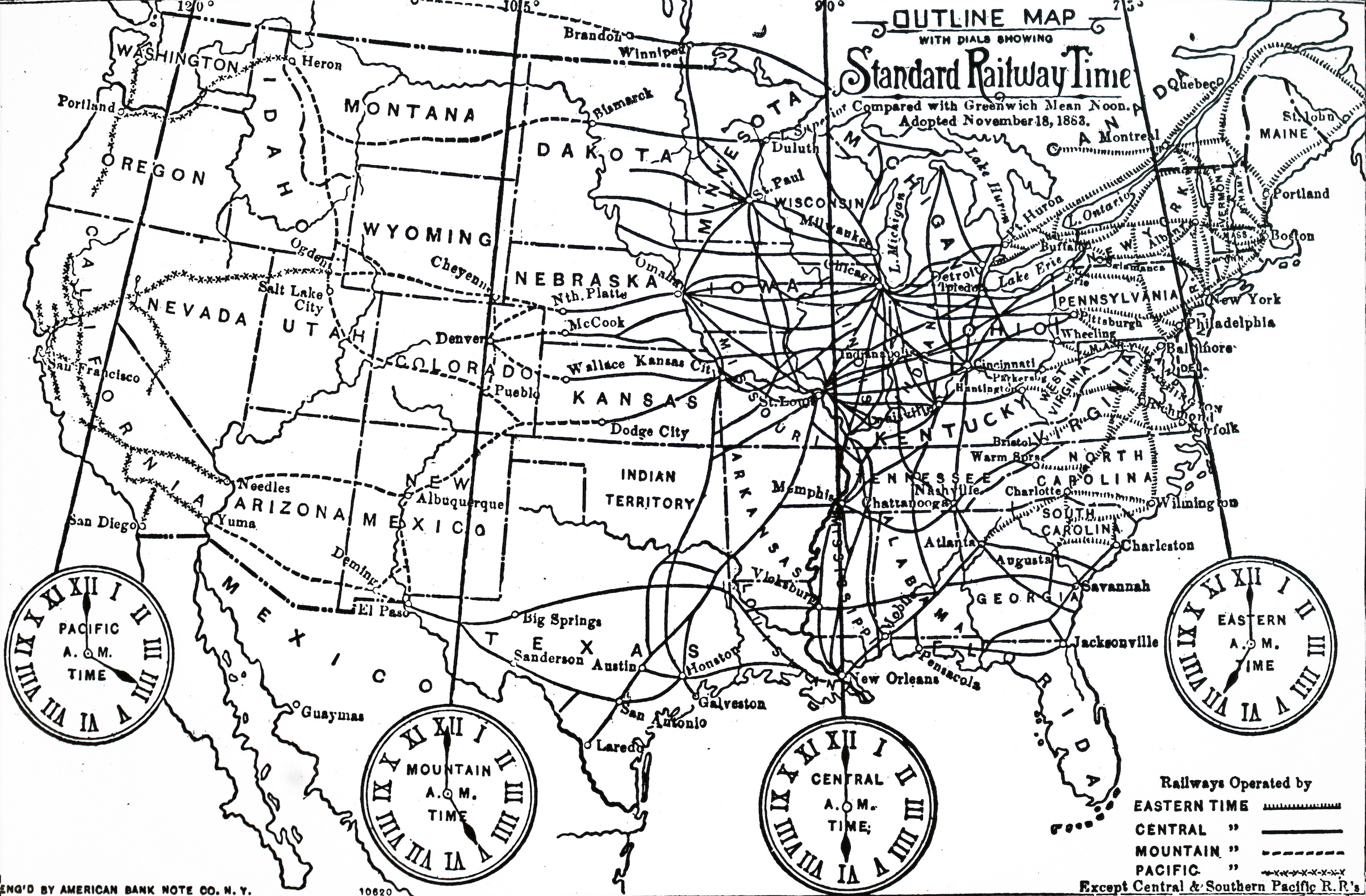 Map of time zones into which the U.S. was divided after the adoption of Standard Time on Nov. 18, 1883. Dated 19th century. (Universal History Archive/Group via Getty)