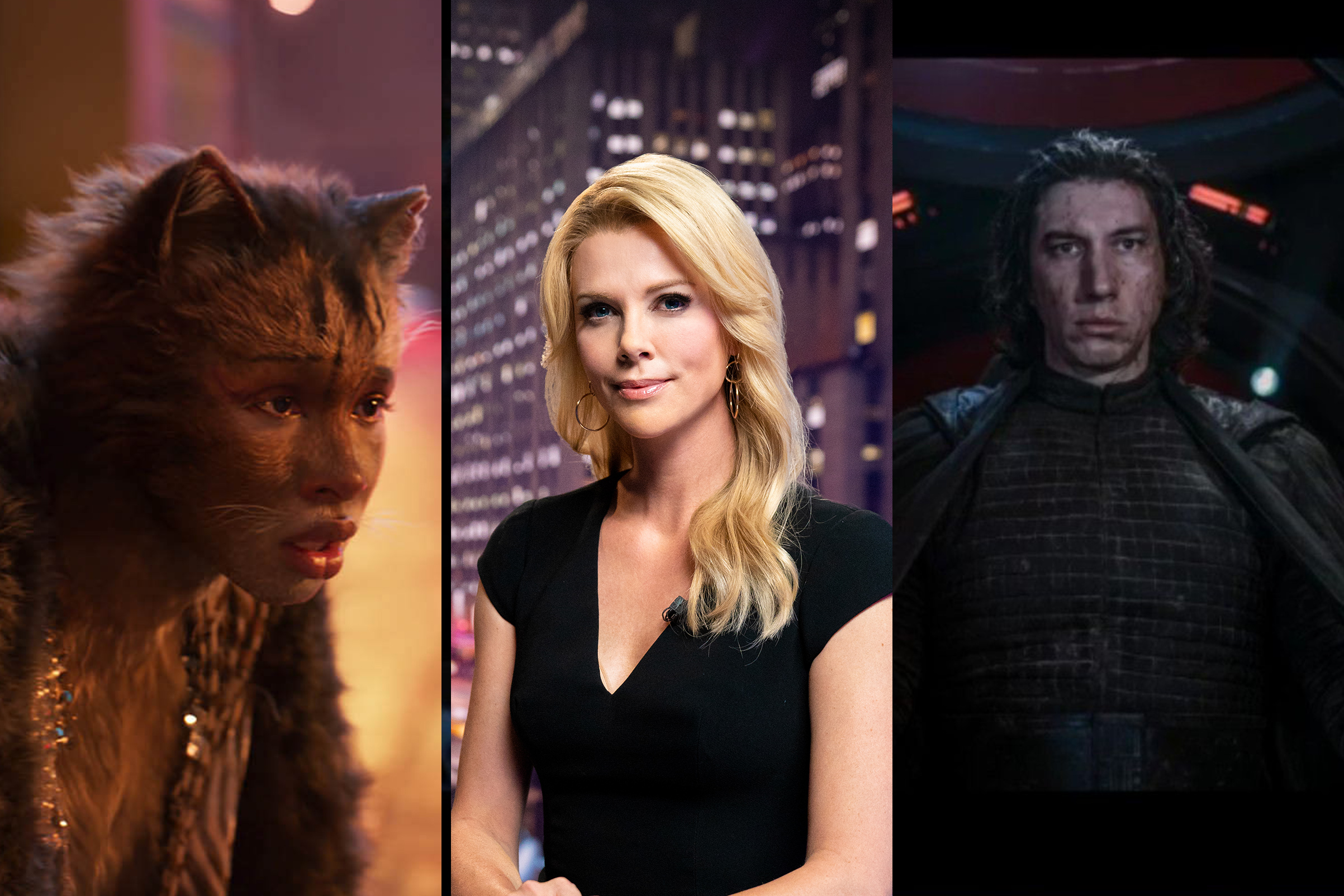 (L-R) Jennifer Hudson in 'Cats', Charlize Theron in 'Bombshell', and Adam Driver in 'Star Wars: The Rise of Skywalker' (Universal Pictures; Lionsgate; Lucasfilm)