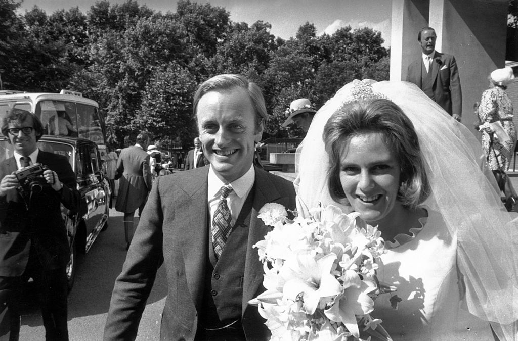 Camilla Shand and Captain Andrew Parker Bowles outside the Guards' Chapel on their wedding day on July 4,1973. (Frank Barratt—Keystone/Getty Images)