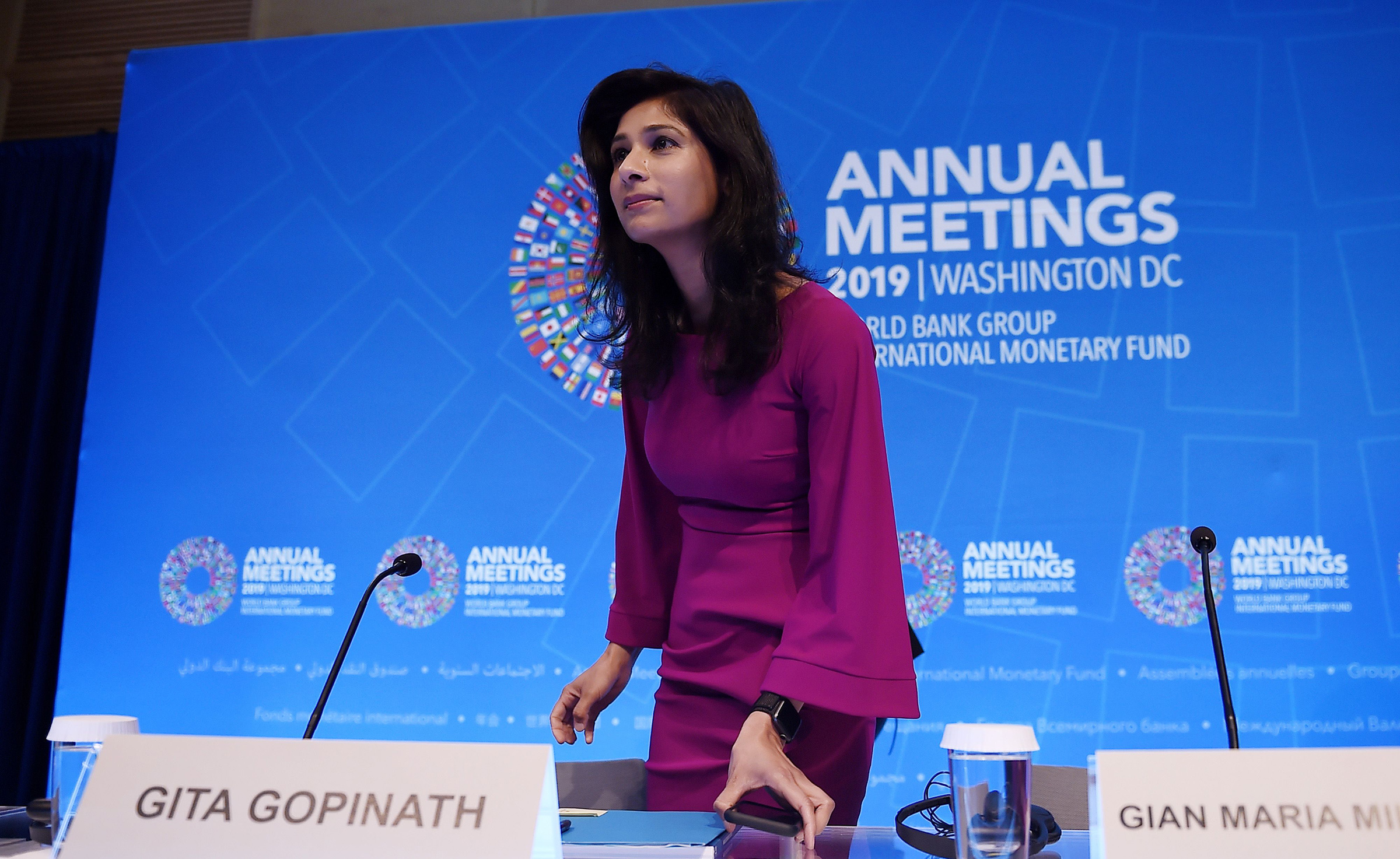 Gita Gopinath arrives for a briefing during the IMF and World Bank Fall Meetings in Washington, D.C. on Oct. 15, 2019.