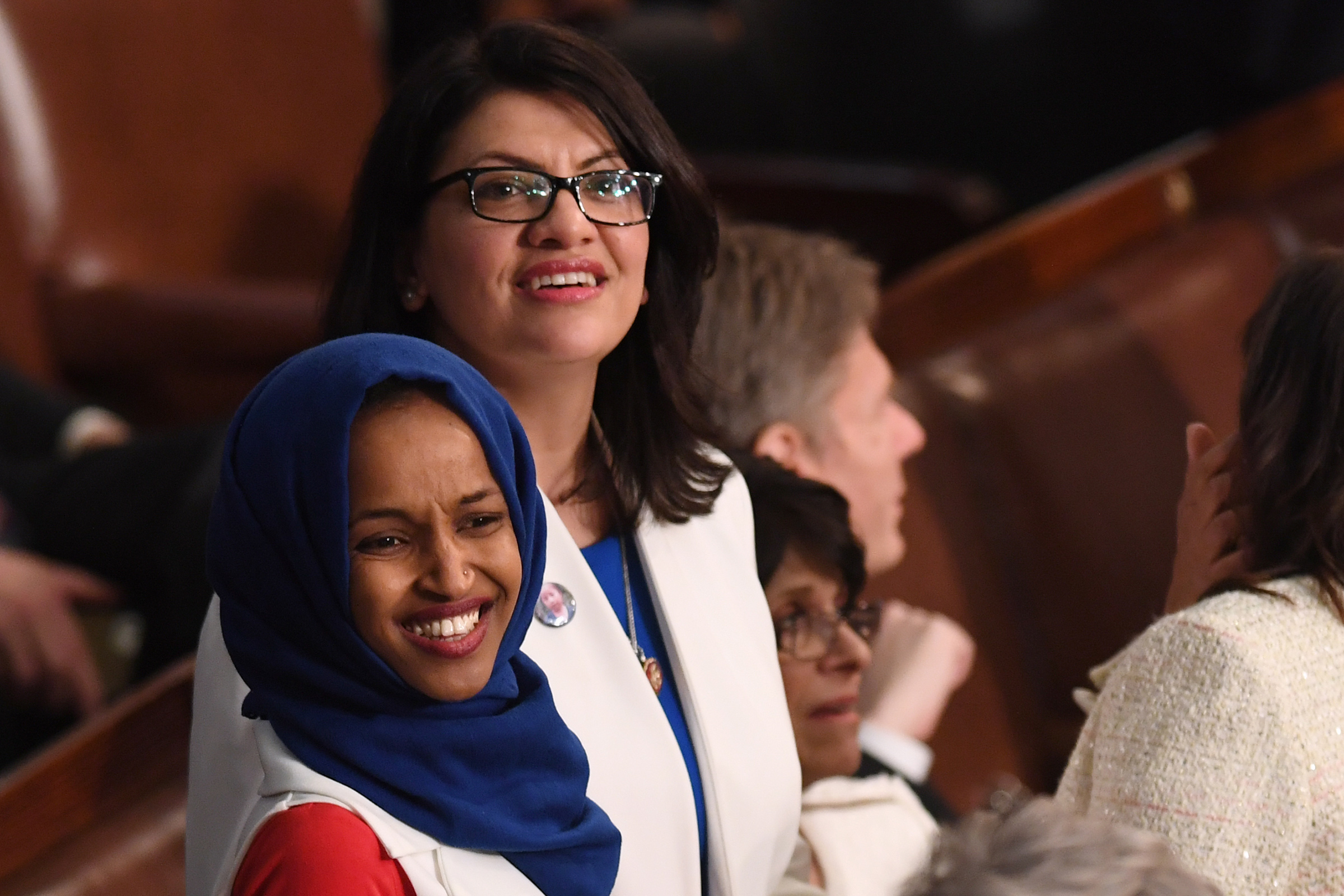 U.S. Representatives Ilhan Omar, left, and Rashida Tlaib at the State of the Union address in Washington, DC, on Feb. 5, 2019. (SAUL Loeb—AFP/Getty Images)