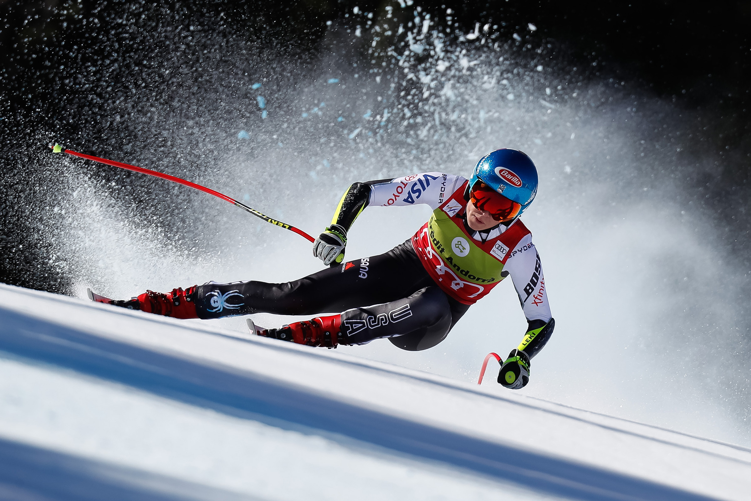 Mikaela Shiffrin of USA competes during the Audi FIS Alpine Ski World Cup Men's and Women's Super G in Soldeu Andorra on March 14, 2019.