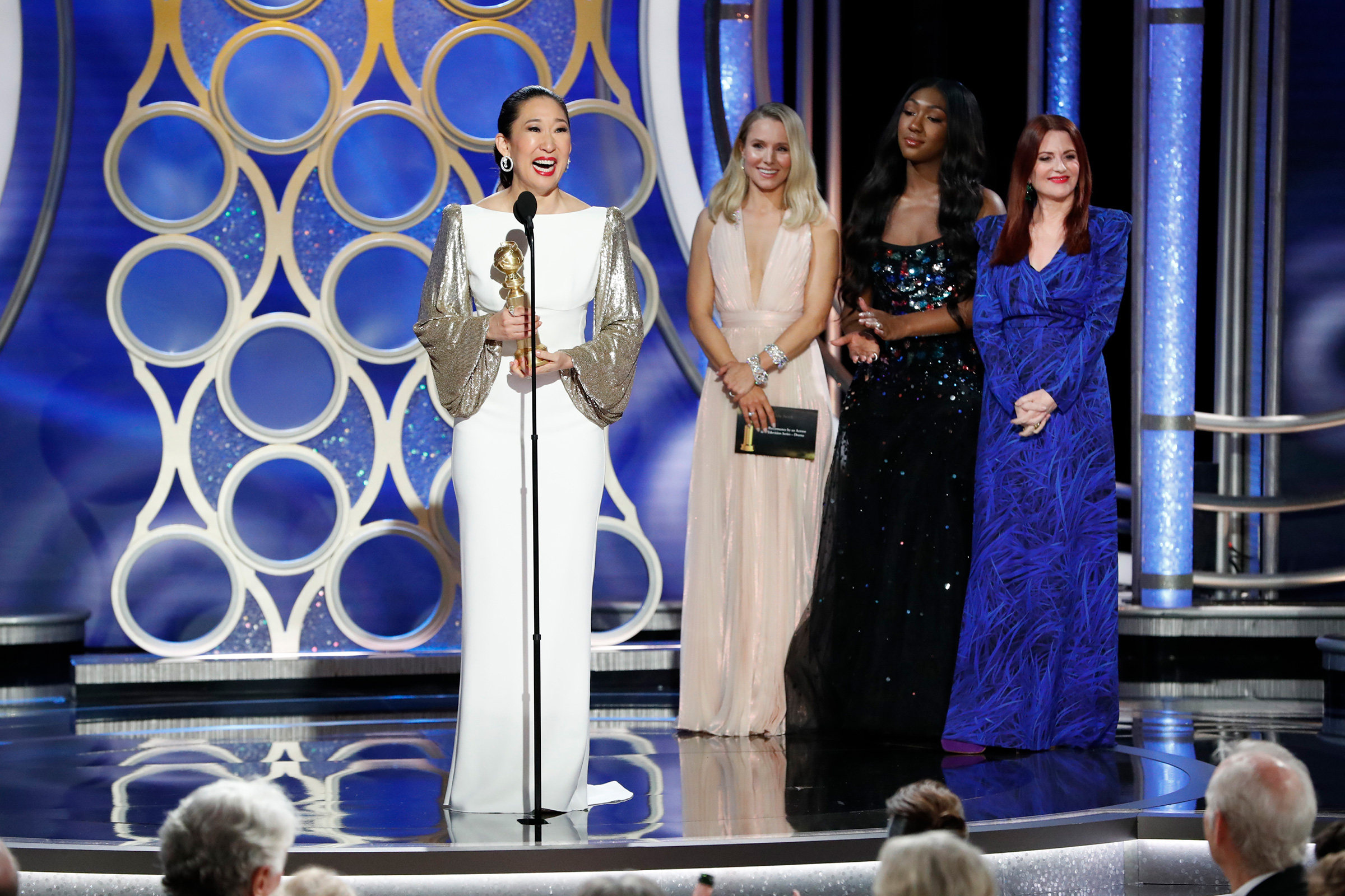 Sandra Oh accepts the Best Performance by an Actress in a Television Series Drama award during the 76th Annual Golden Globe Awards on Jan. 6, 2019.