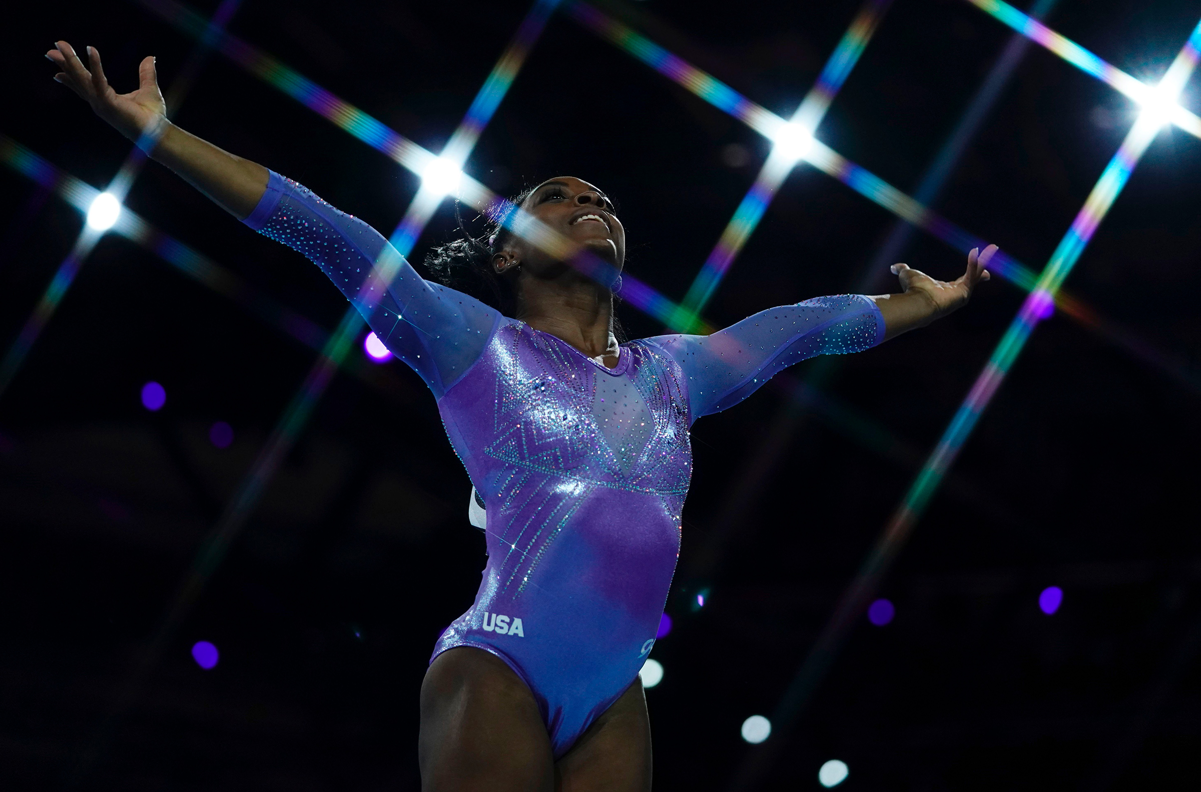USA's Simone Biles performs during the apparatus finals at the FIG Artistic Gymnastics World Championships in Stuttgart, Germany, on Oct. 13, 2019.