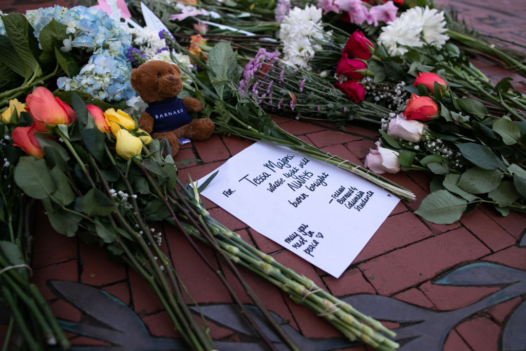Flowers are laid near the entrance of Barnard College on December 12, 2019 in New York City. (Getty Images—2019 Getty Images)