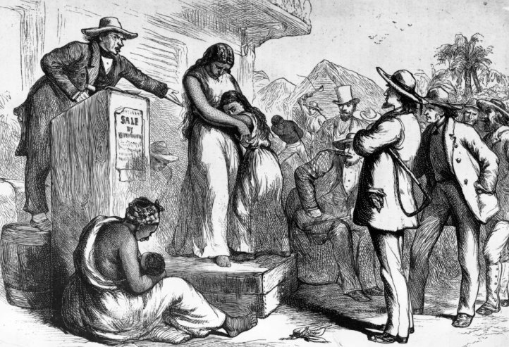 A circa 1830 illustration of a slave auction in America.
