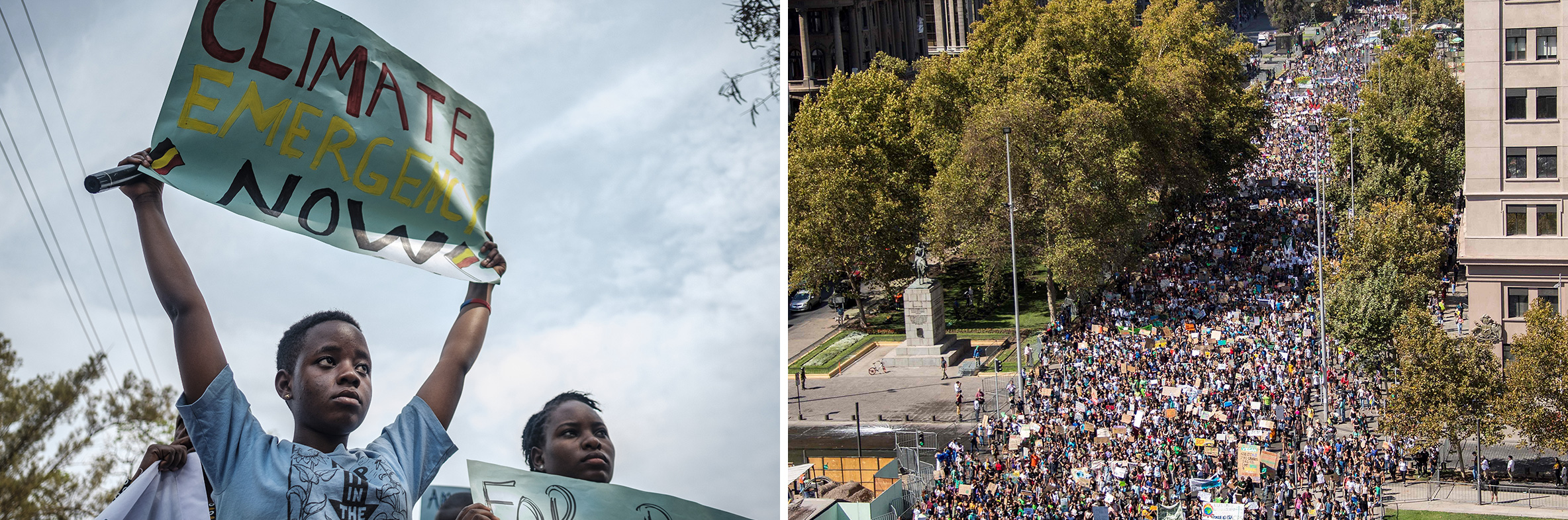 AFRICA: Leah Namugerwa, 15, leads students, parents and farmers in a climate protest near Kampala, Uganda; SOUTH AMERICA: Thousands march in Santiago, Chile, during a Fridays for Future protest in March demanding urgent action to prevent global warming